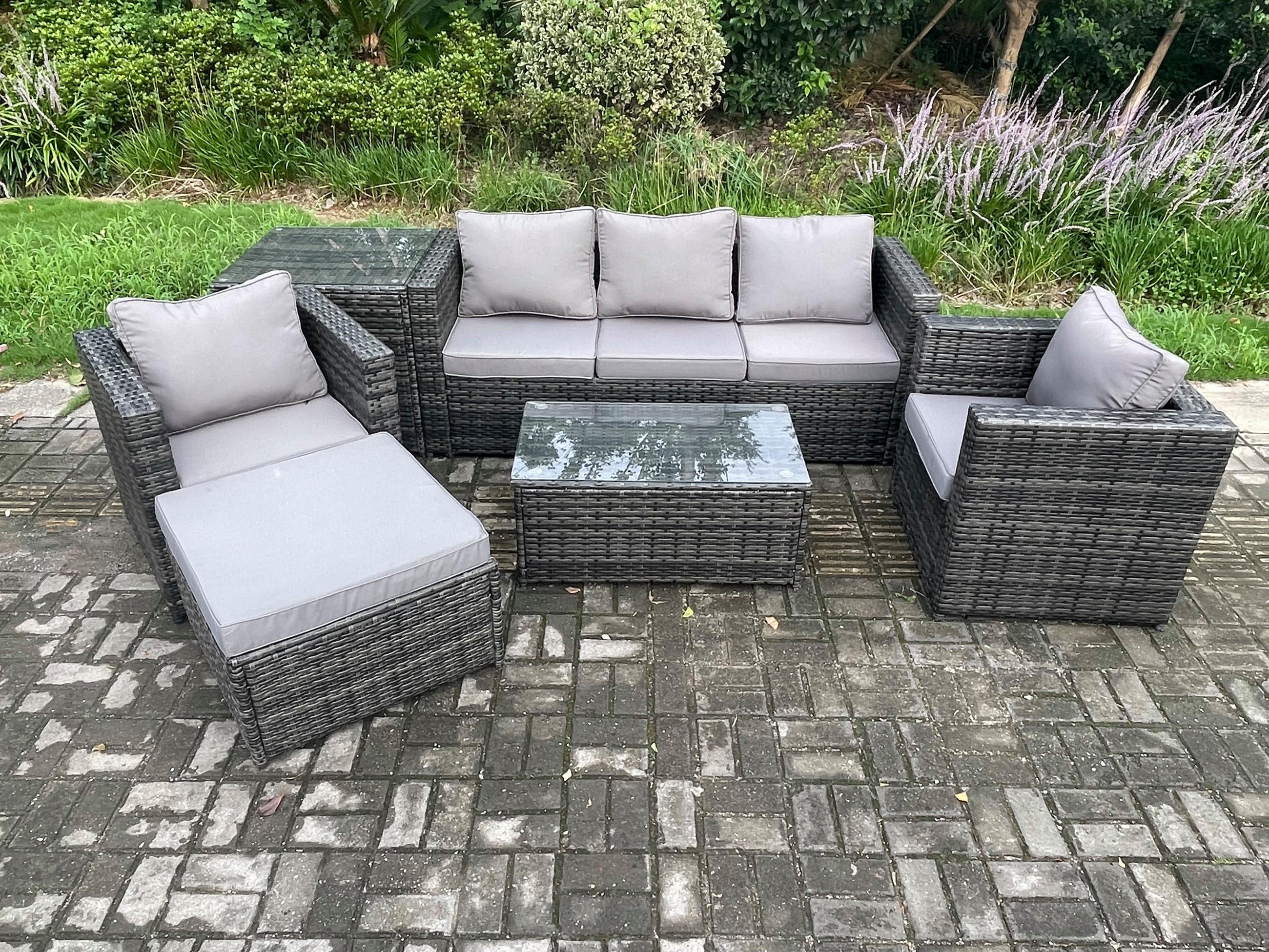 GARTENSOFA SET Polyrattan Dunkelgrau 6-Sitzer - Dunkelgrau, Metall - Fimous