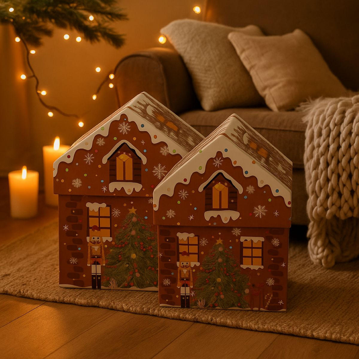 GESCHENKBOXEN Weihnachtshäuschen 2 Stk. - Dunkelbraun, Papier (15.3/18/15.3cm) - Home Styling Collection