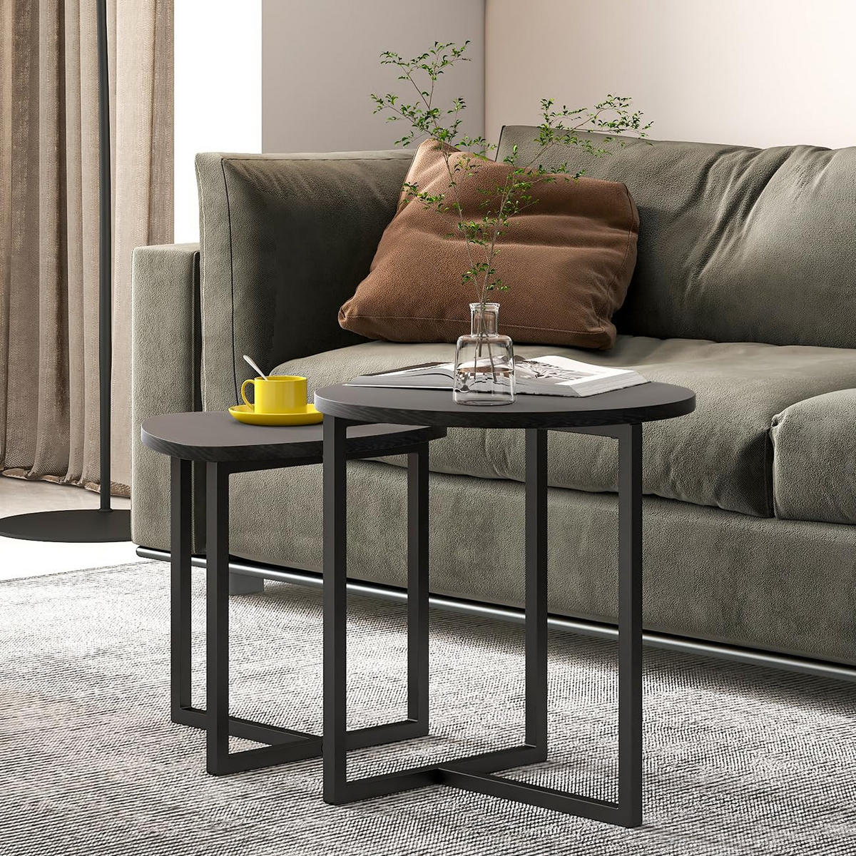COUCHTISCH 2-tlg Rund 45x48cm Holz-Metallgestell Industrial-Design Sofatisch - Schwarz, Metall (50/48/9cm) - Raelunyi