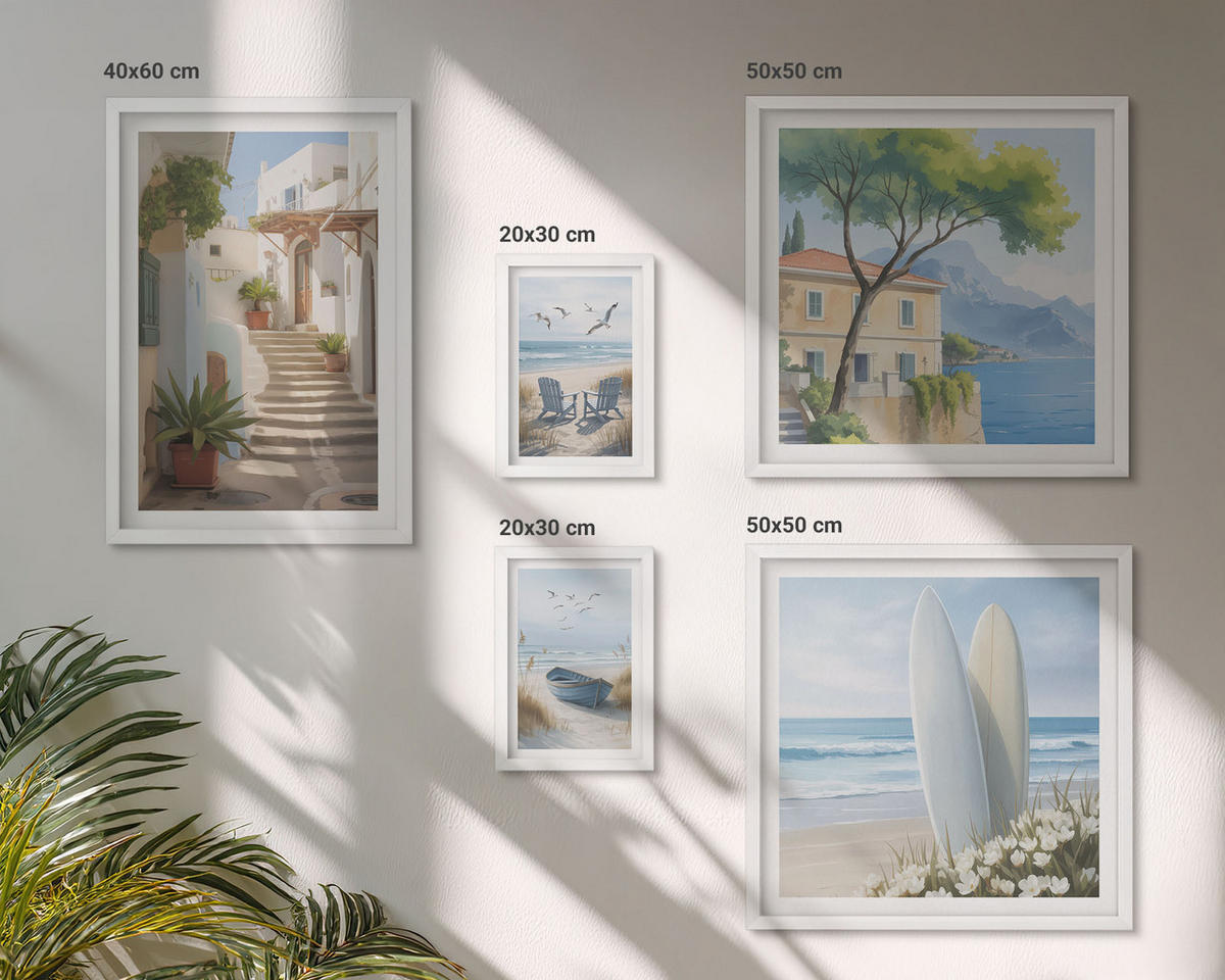 WANDBILDER 5er-Set - 50x50 cm & 20x30 cm & 40x60 cm Weißer Rahmen - Straßenblumen, Fahrrad bemalt - Weiß, Kunststoff (40/60cm) - ArtPrintCave