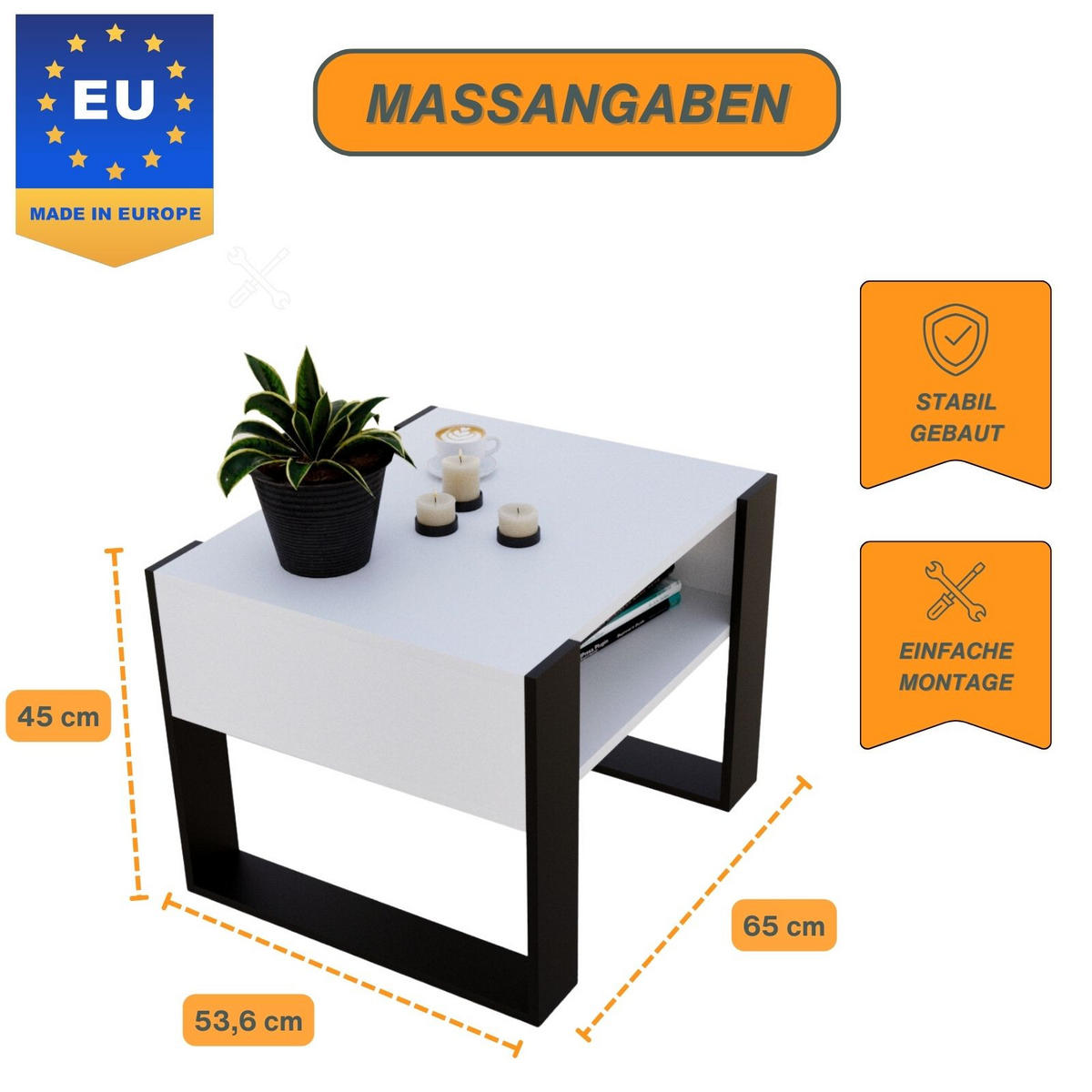 COUCHTISCH Holzwerkstoff rechteckig stabil Weiß 45/53,6/65cm - Schwarz/Weiß, Holzwerkstoff (53.6/65/45cm) - CraftPAK