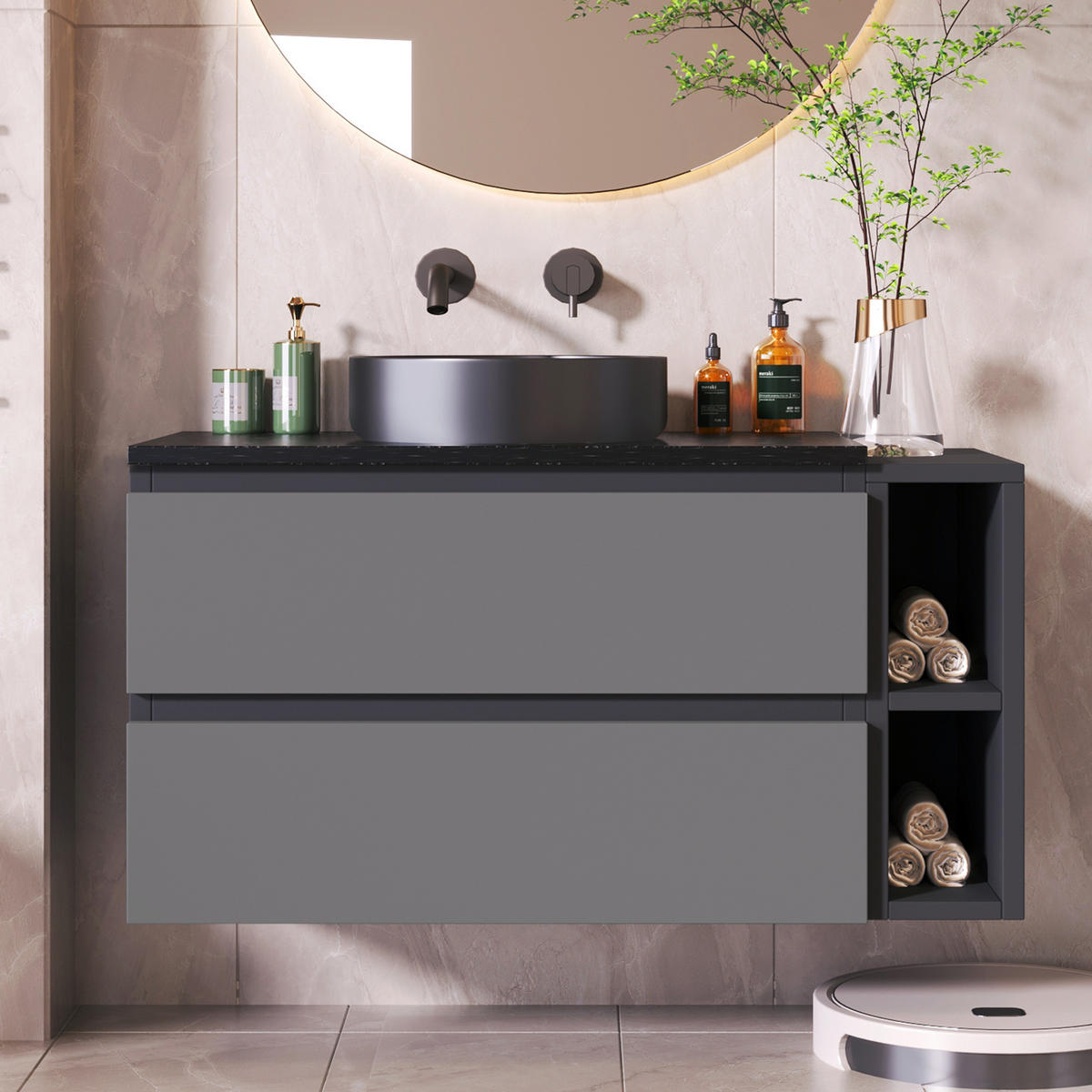 BADEZIMMERSCHRANK mit Marmorplatte 80x44x48.5 cm Schwarz mit rundem Becken & Schubladen - Schwarz, Holzwerkstoff (80/48.5/44cm) - Modfu