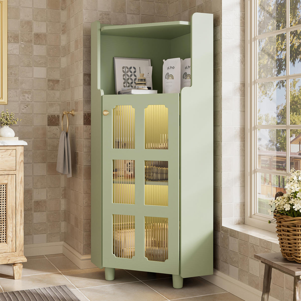 LED-ECKSCHRANK 63.5x16.5x124 cm Grün aus Spritzglas mit App-LED & 2-in-1 Stauraum - Grün, Holzwerkstoff (63.5/124/16.5cm) - Modfu