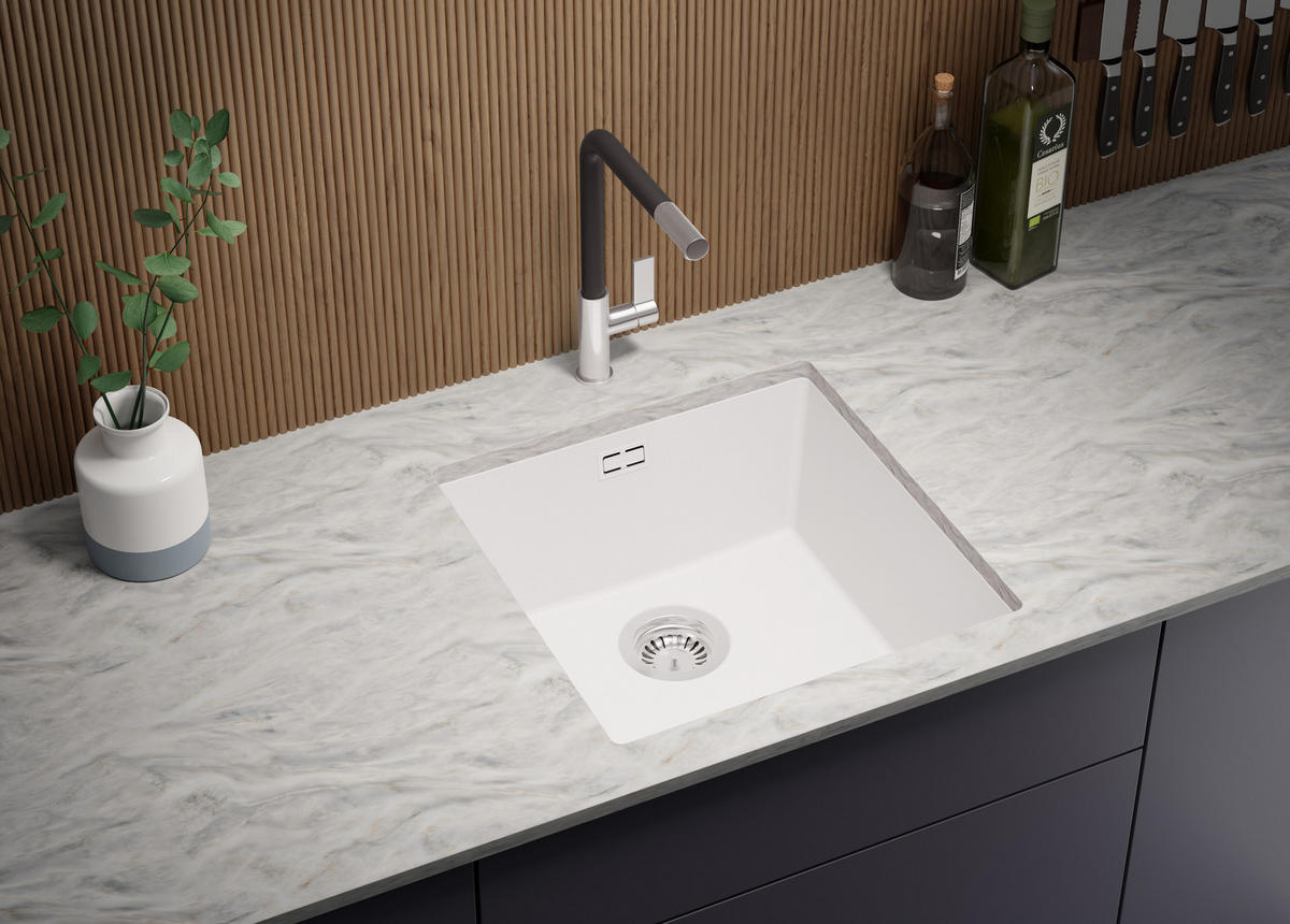 UNTERBAUSPÜLE GRANIT London, 2-er set Weiß 46/47 cm 1 Becken + Küchenarmatur 40/20 cm + Ablauf-Set ab 50er Unterschrank - Chromfarben/Weiß, Kunststoff (46/20/47cm) - Primagran