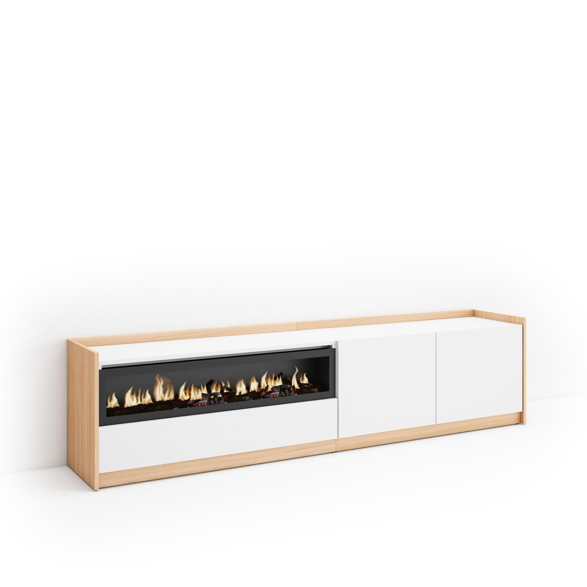 TV-SCHRANK, Lowboard, Weiß und Eiche Soft, Elektrokamin, 207/37/50cm - Weiß, Holzwerkstoff (207/50/37cm) - Skraut Home