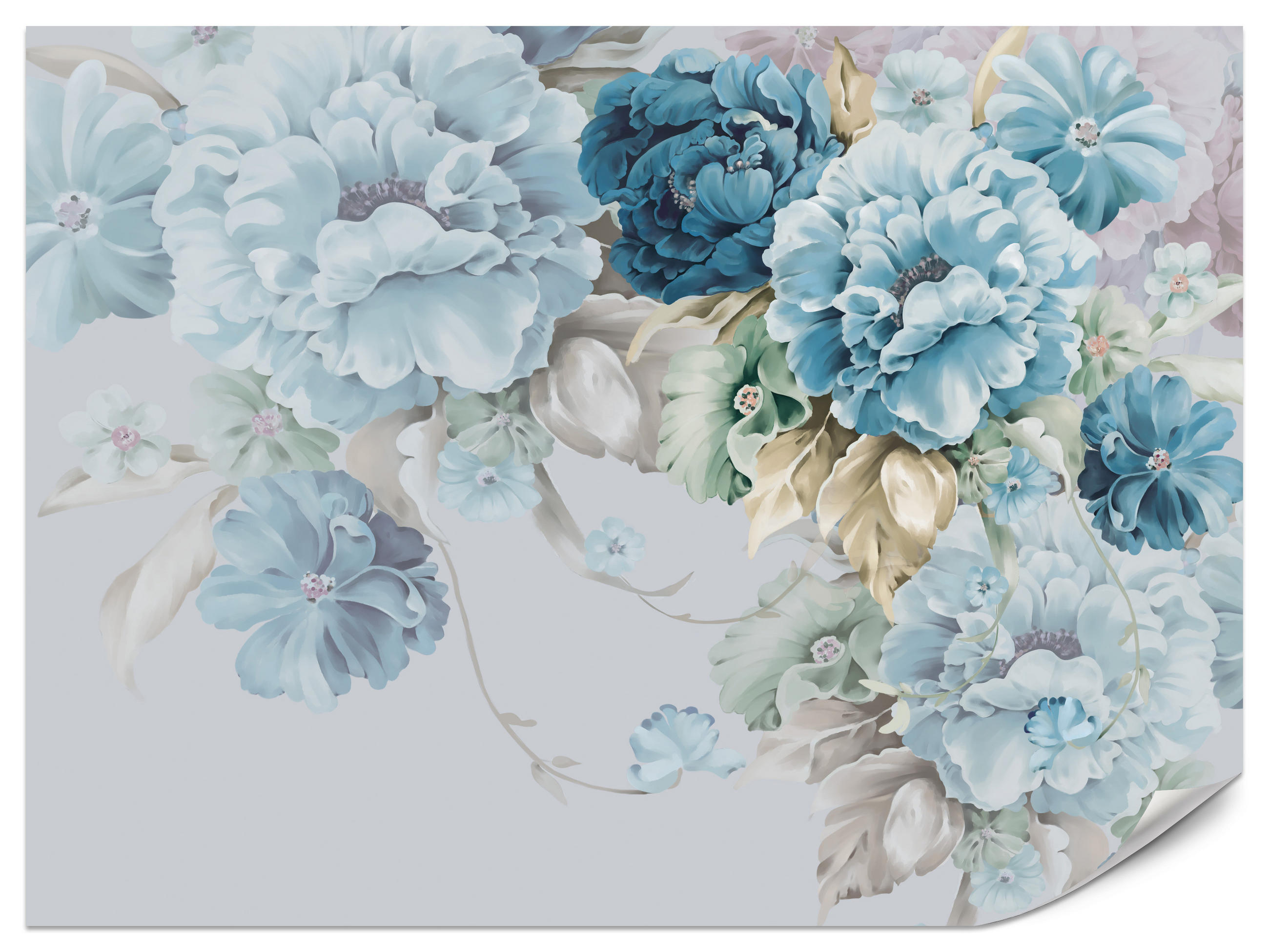 FOTOTAPETE für Schlafzimmer Blaue Pfingstrosen Zart Blumen Boho 450x315 - Blau/Gelb, Papier (450/315cm) - Muralo