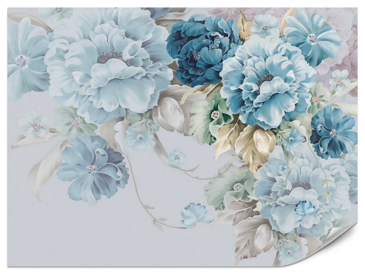 FOTOTAPETE für Schlafzimmer Blaue Pfingstrosen Zart Blumen Boho 450x315 - Blau/Gelb, Papier (450/315cm) - Muralo