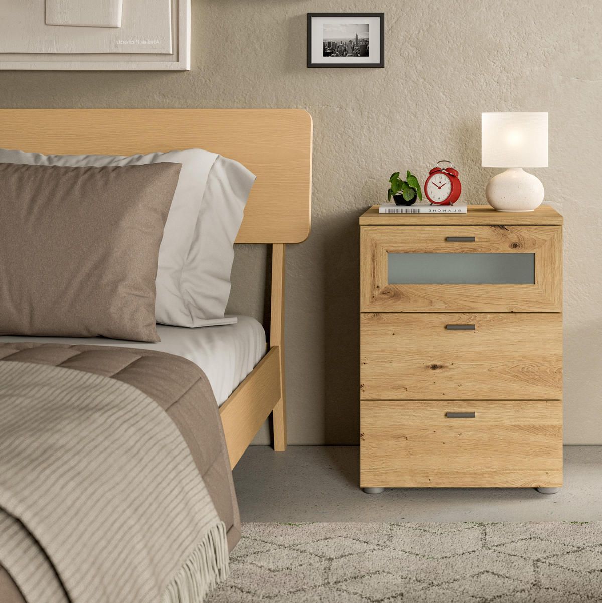 NACHTTISCH Eiche Artisan Komforthöhe 60 cm, 3x Schublade mit Vollauszug - Silberfarben/Eiche Artisan, Glas/Holzwerkstoff (45/60/40cm) - Inn.Furn