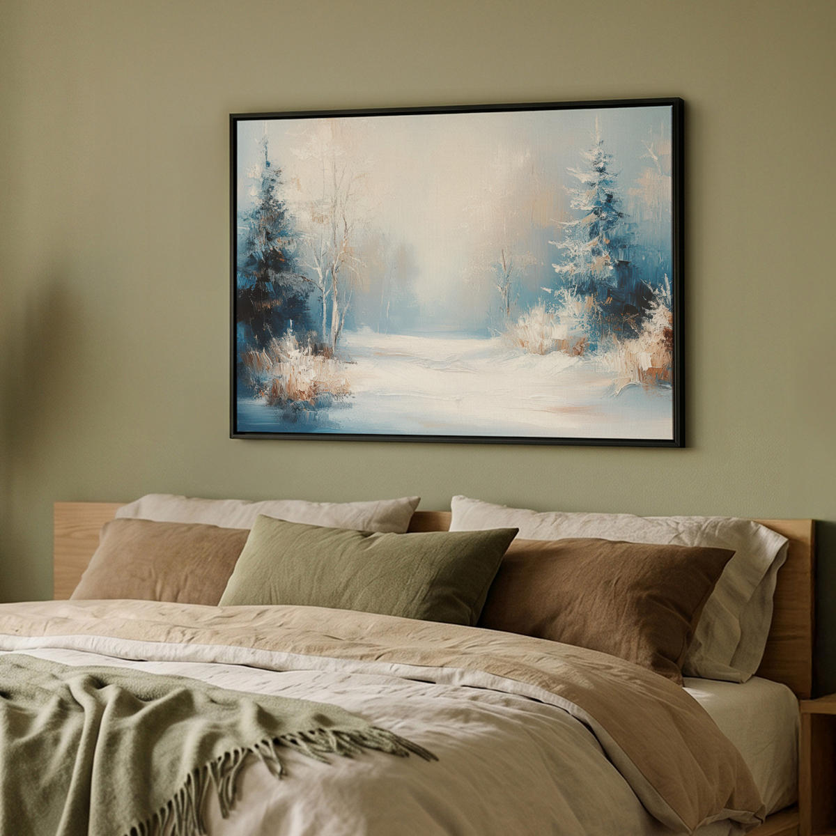 LEINWAND Bilder mit Rahmen - Wald – Winter – Natur – Abstrakt – Schnee - 100x70 - Weiß, Textil (100/70cm) - MuchoWow