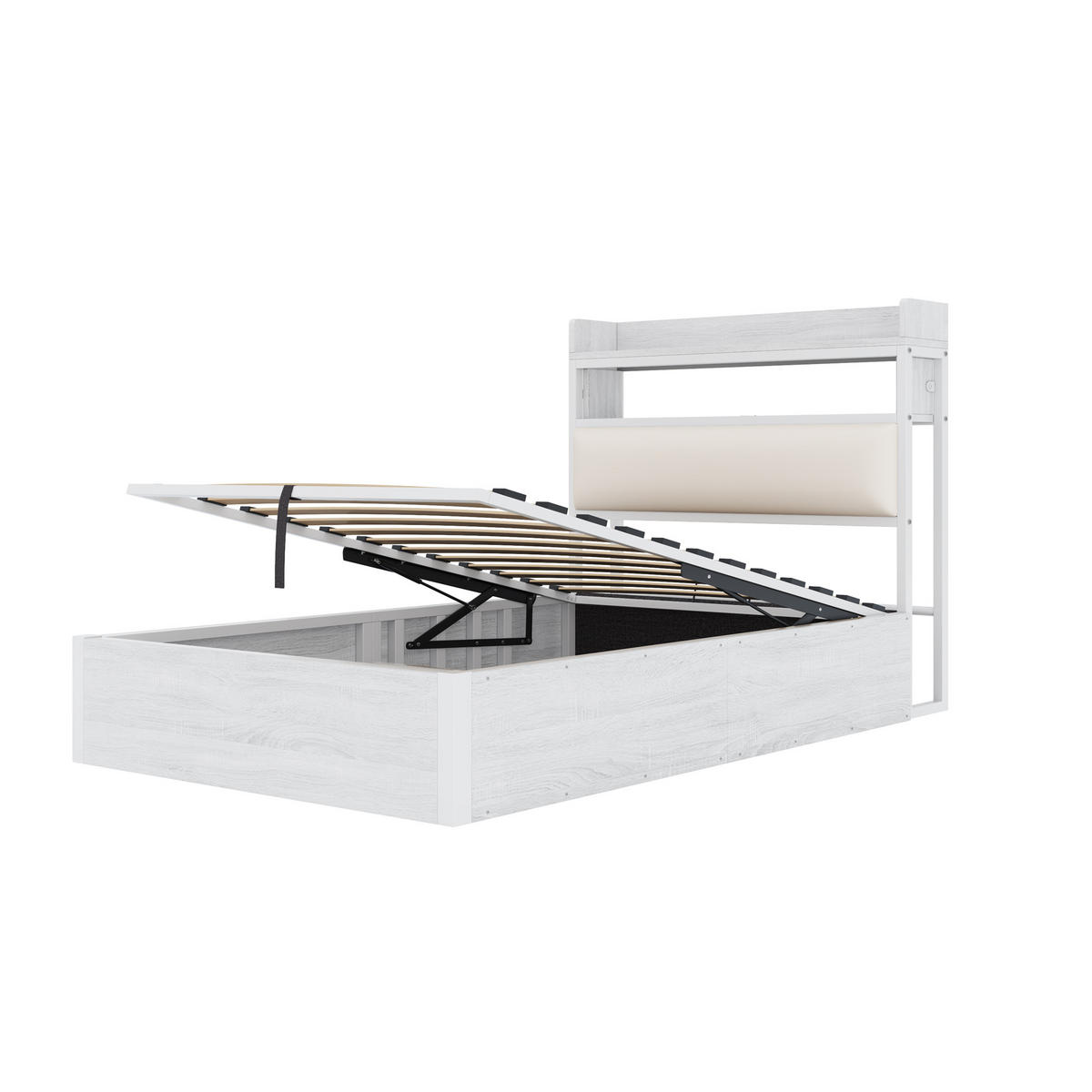 POLSTERBETT 90/200 cm weiß aus Metall und Holz mit Stauraum und USB - Weiß, Metall (90/200cm) - OKWISH