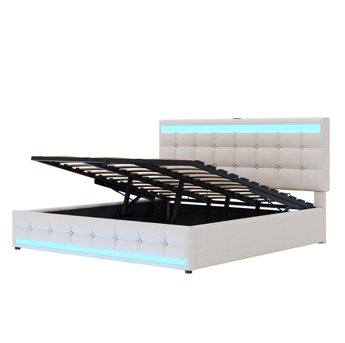 POLSTERBETT aus Leinenstoff 180x200 cm in Beige mit RGB-LED & 2 USB-Anschlüssen - Beige, Textil (180/200cm) - Modfu