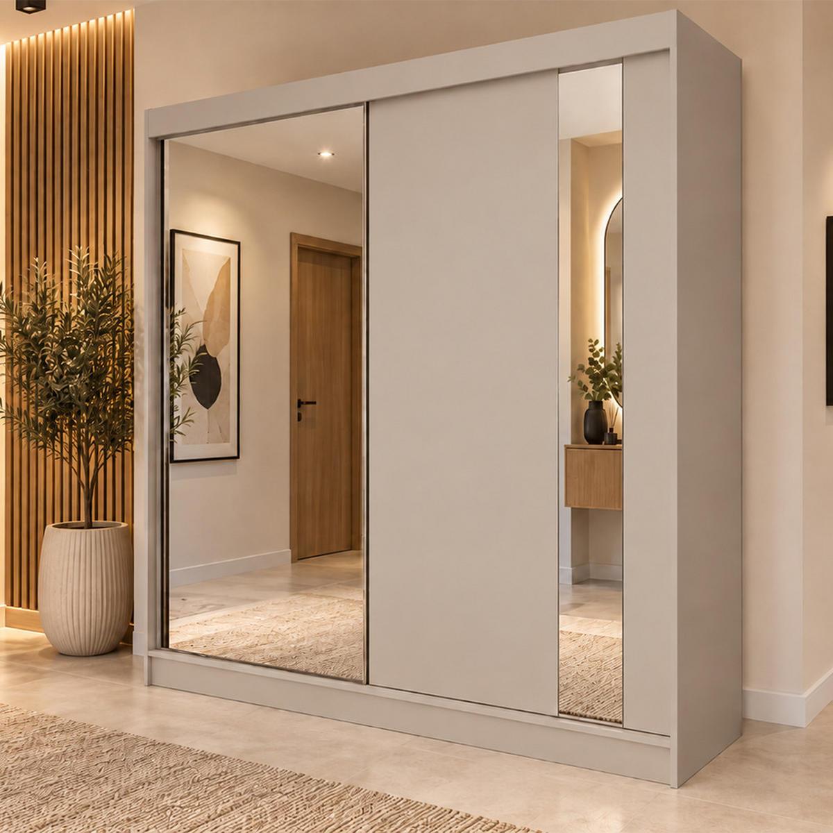 KLEIDERSCHRANK Gloria 200 cm Kaschmir Spiegel 2 Schubl. Griffe silber - Kaschmir, Holzwerkstoff (200/216/61cm) - KS Home Concept