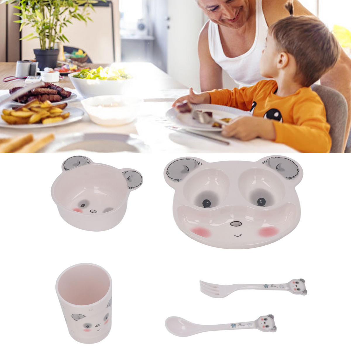 KINDERTELLER-SET, Panda, Saugfuß, 5-teilig, Melamin, BPA-frei, rutschfest, Kleinkind - Grau, Naturmaterialien