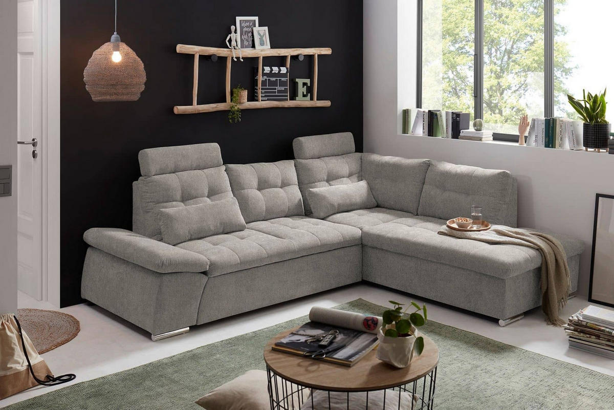 ECKSOFA mit Schlaffunktion, verstellbare Armlehne und Kopfstützen - Taupe/Chromfarben, Textil (219/260cm) - ed exciting design