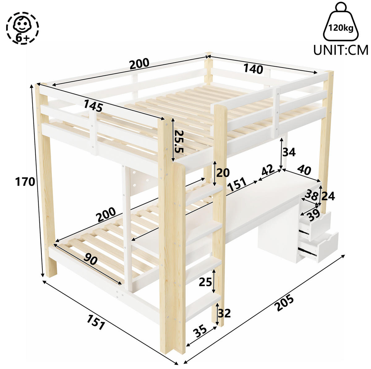 ETAGENBETT 140x200 und 90x200 cm in Weiß/Natur mit Schreibtisch, Schubladen und LED - Weiß, Holz (140/200cm) - IVMEU