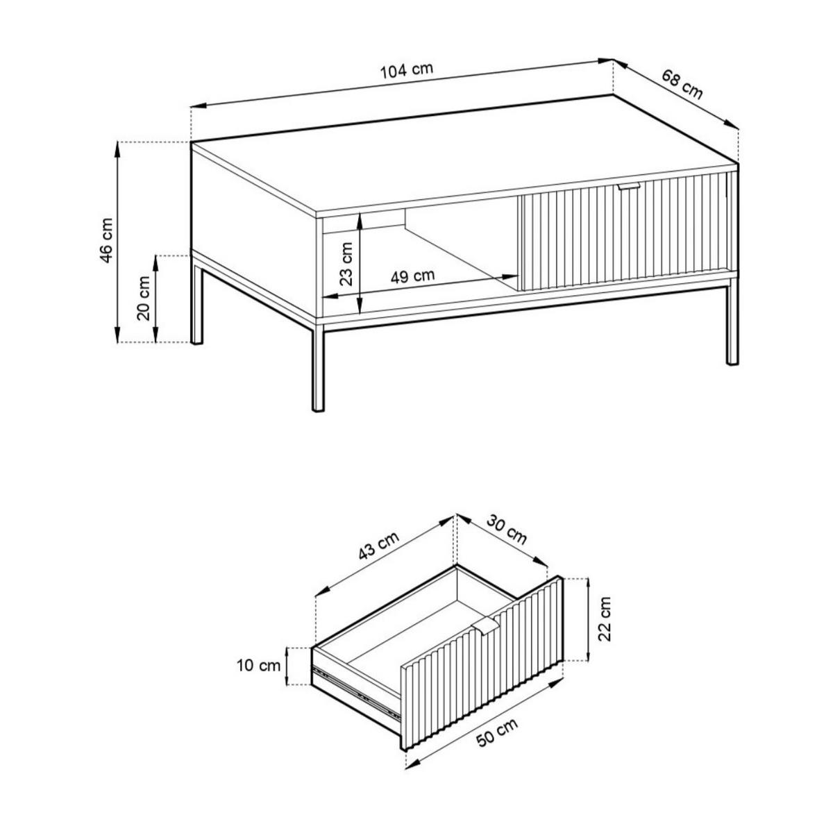 COUCHTISCH Kioto 104 cm in Grau mit Schubladen und Metallbeinen - Goldfarben/Schwarz, Holzwerkstoff/Metall (68/104/46cm) - Ravio