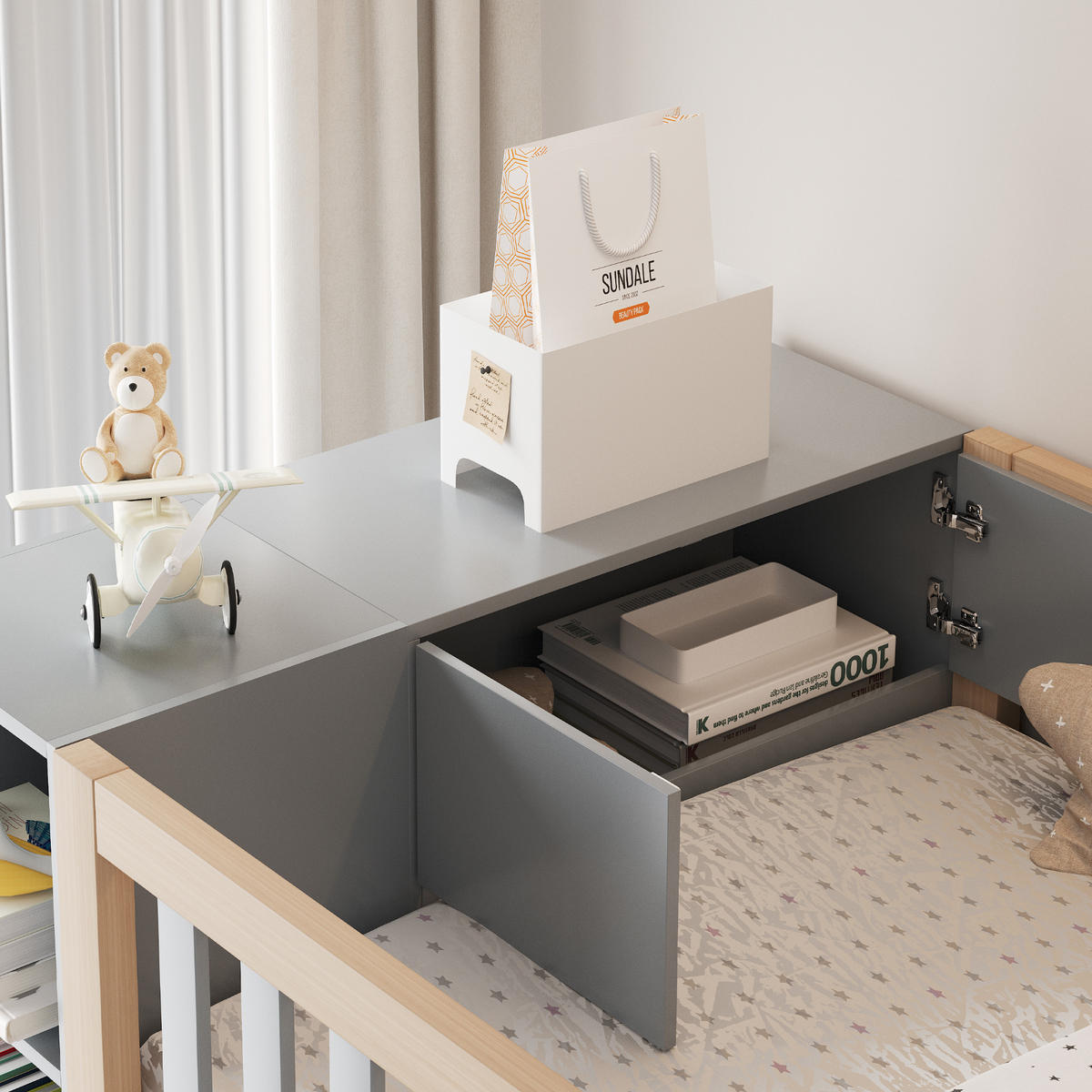 HOCHBETT 90/200 cm in Grau & Natur Kinderbett mit Regalen, Kleiderschrank und Schubladen - Naturfarben/Grau, Holz/Holzwerkstoff (90/200cm) - STILVORA