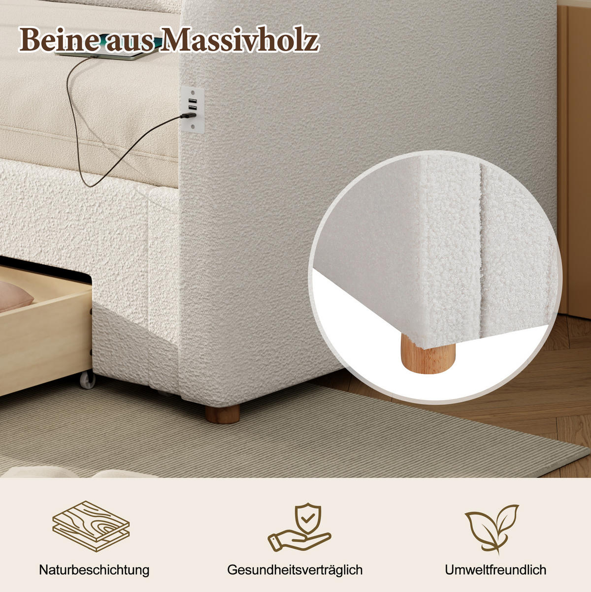 POLSTERBETT 90/200 cm Beige aus Bouclé mit Ausziehfunktion und Stauraum - Beige, Textil - OKMYHOME