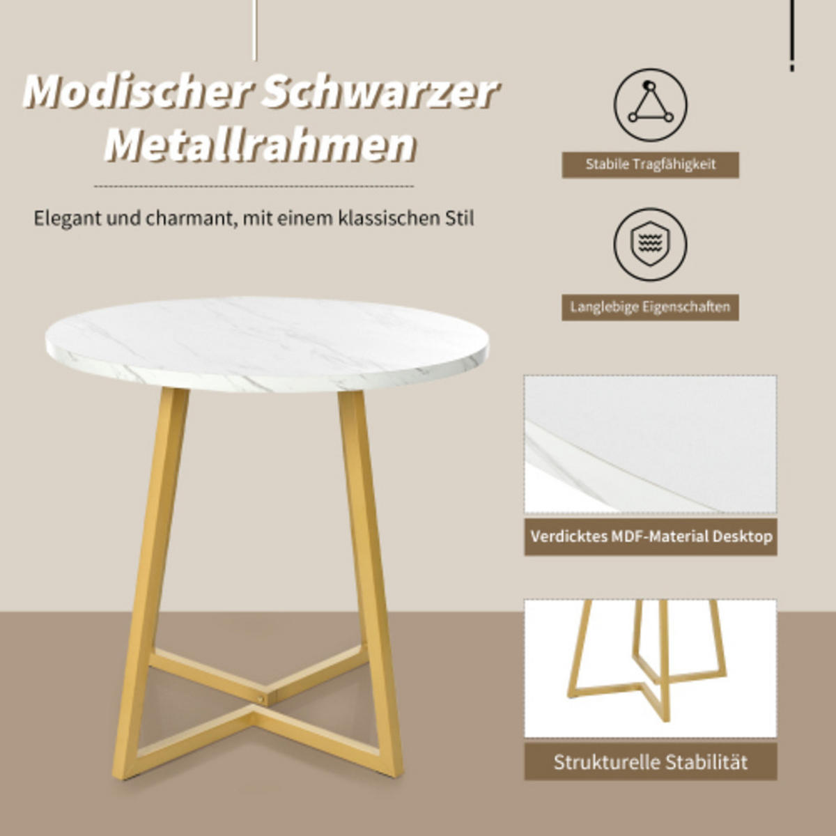 ESSGRUPPE 5-teilig rund Ø80 cm mit modernem Marmortisch & 4 Samtstühlen, elegantes Küchen- und Esszimmer Set, grau-weiß - Grau, Holzwerkstoff (80/75/80cm) - Luhomfu