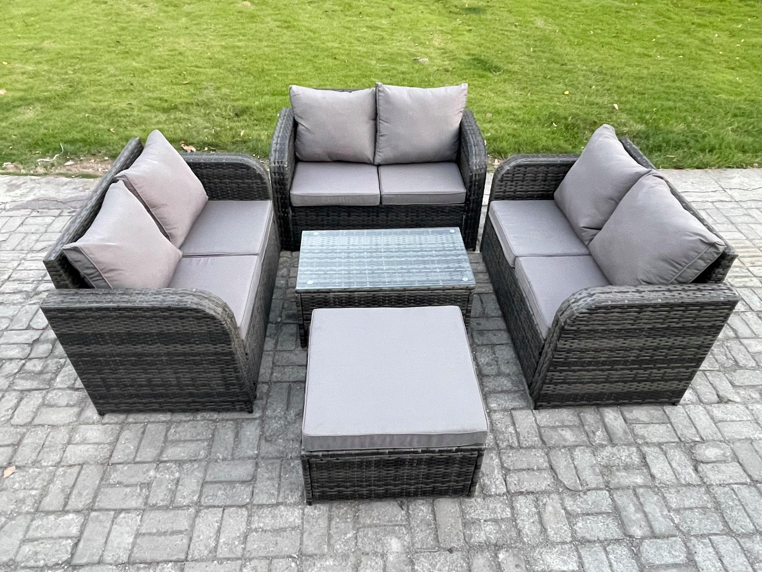 GARTENMÖBELGARNITUR mit KISSEN Polyrattan Dunkelgrau 7-Sitzer - Dunkelgrau/Grau, Glas/Kunststoff - Fimous