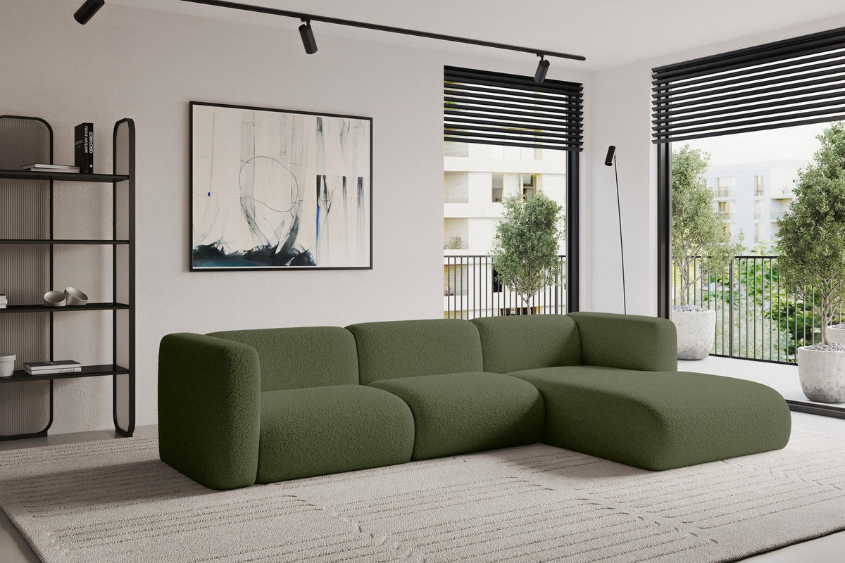 ECKSOFA Ottomane Rechts MIRA-L2 318x179x89 Grün Bouclé - Schwarz/Olivgrün, Holzwerkstoff/Kunststoff (318/179cm) - ALTDECOR