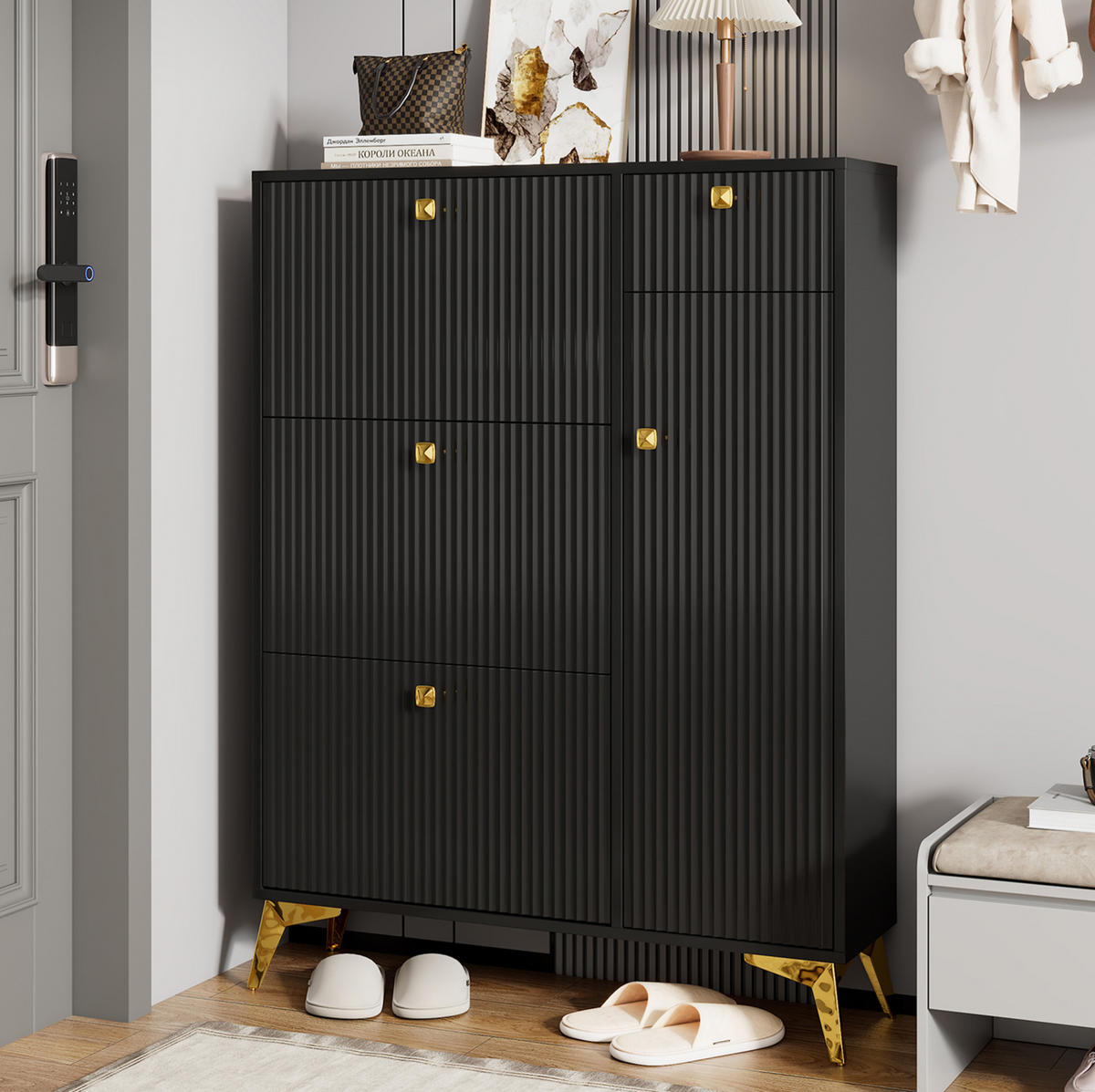 SCHUHSCHRANK mit 3 Klappen, 1 Schublade und 1 Tür 90 x 25 x 121 cm Schwarz - Schwarz, Holzwerkstoff (25/121/90cm) - Beauniv