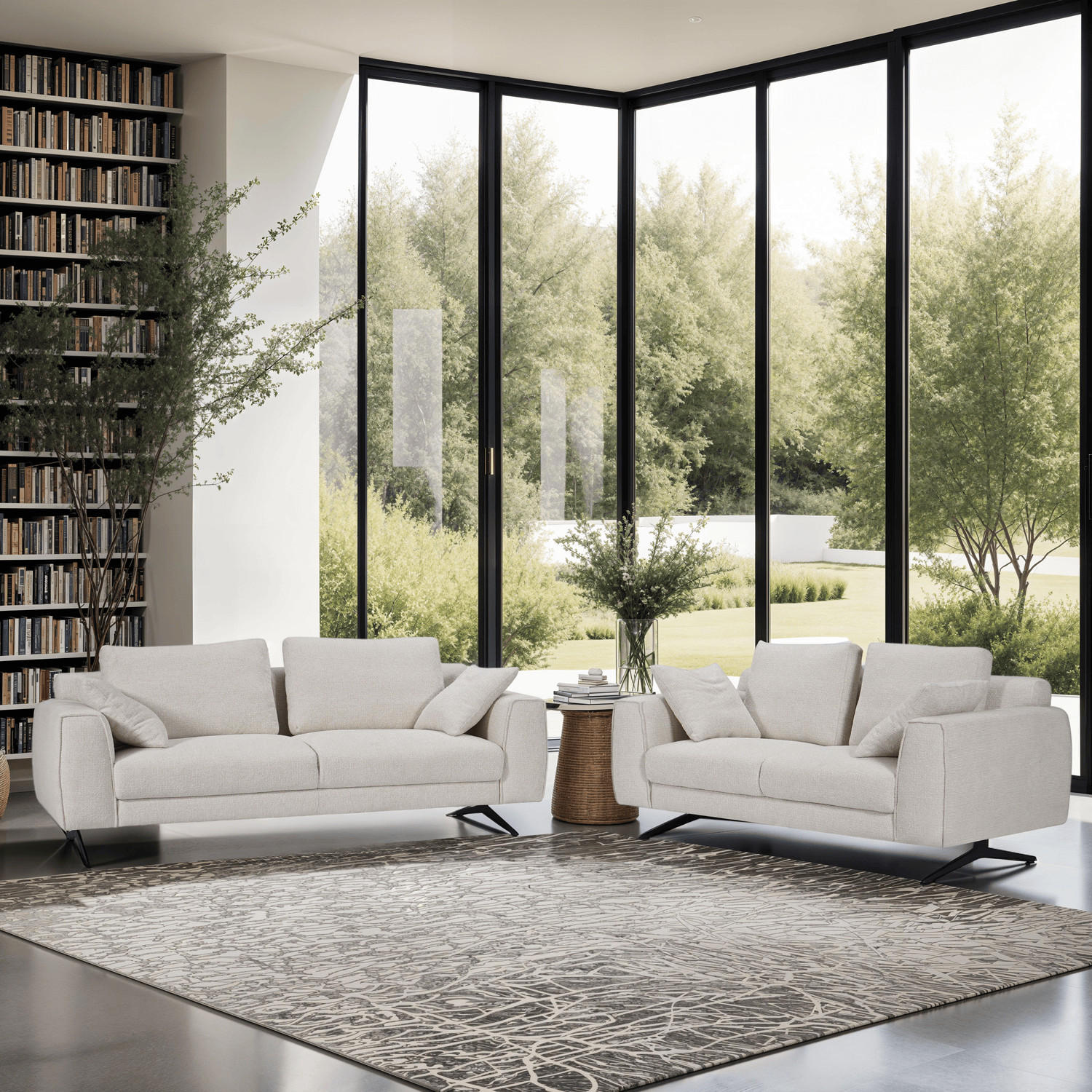 ZWEISITZER-SOFA Webstoff Beige - Beige/Schwarz, Textil/Metall (176/84/92cm) - Furnhouse