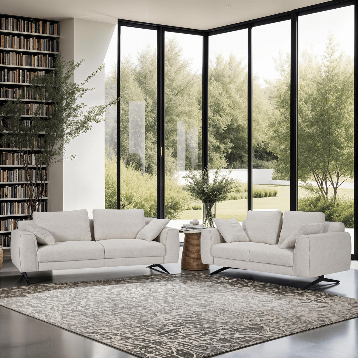 ZWEISITZER-SOFA Webstoff Beige - Beige/Schwarz, Textil/Metall (176/84/92cm) - Furnhouse