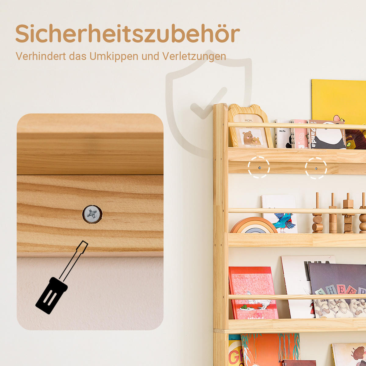 BÜCHERREGAL für Kinder mit 4 Ablagen, Kiefer - Naturfarben, Holz (80/118/12cm) - SoBuy