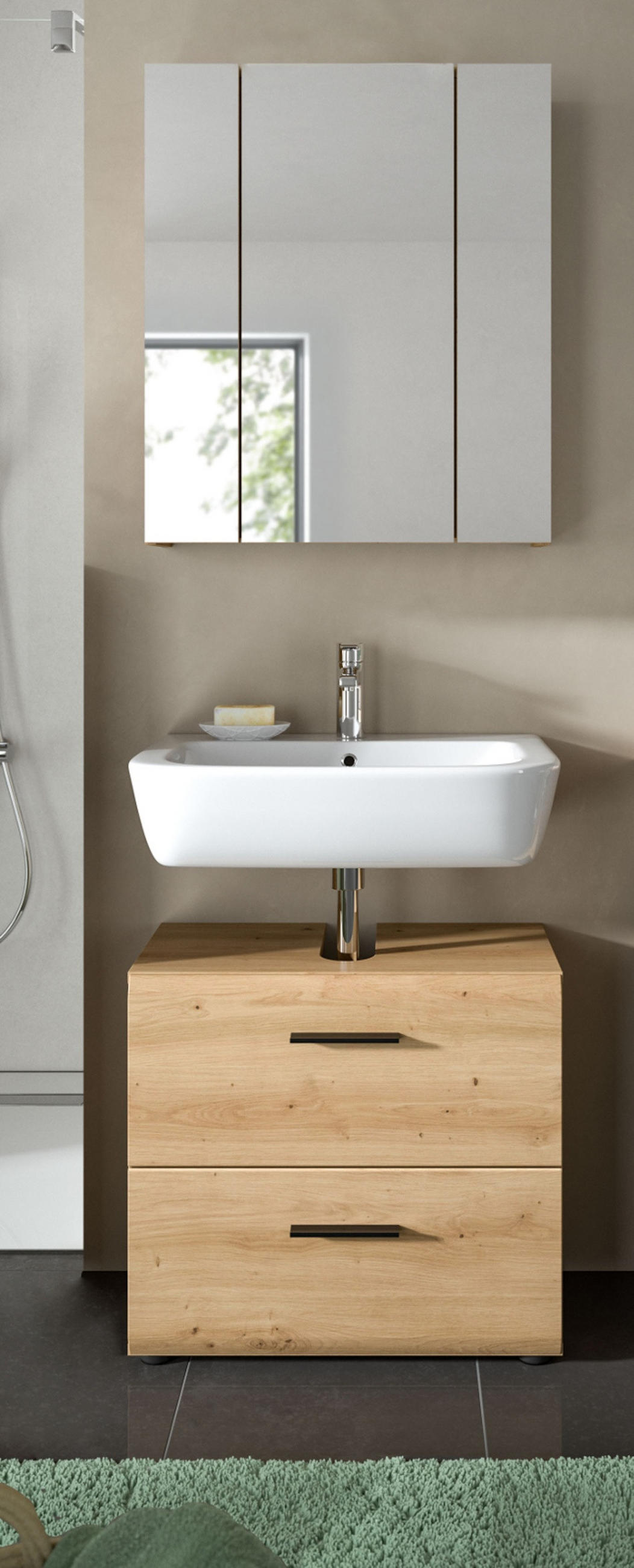 BADMÖBEL SET 2-teilig in Artisan Eiche, Badkombination 60 x 185 cm, Cover - Eichefarben/Schwarz, Glas/Holzwerkstoff (60/185/30cm) - Inn.Furn