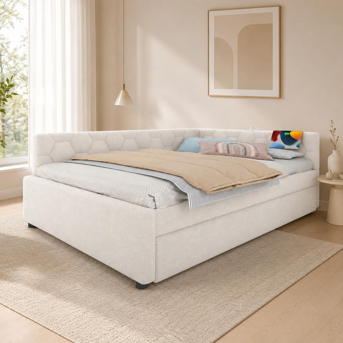 POLSTERBETT 140/200 mit Ausziehbett, Nachttischlampe, USB und Type-C in Weiß - Weiß, Holzwerkstoff/Textil (140/200cm) - EVRYAE