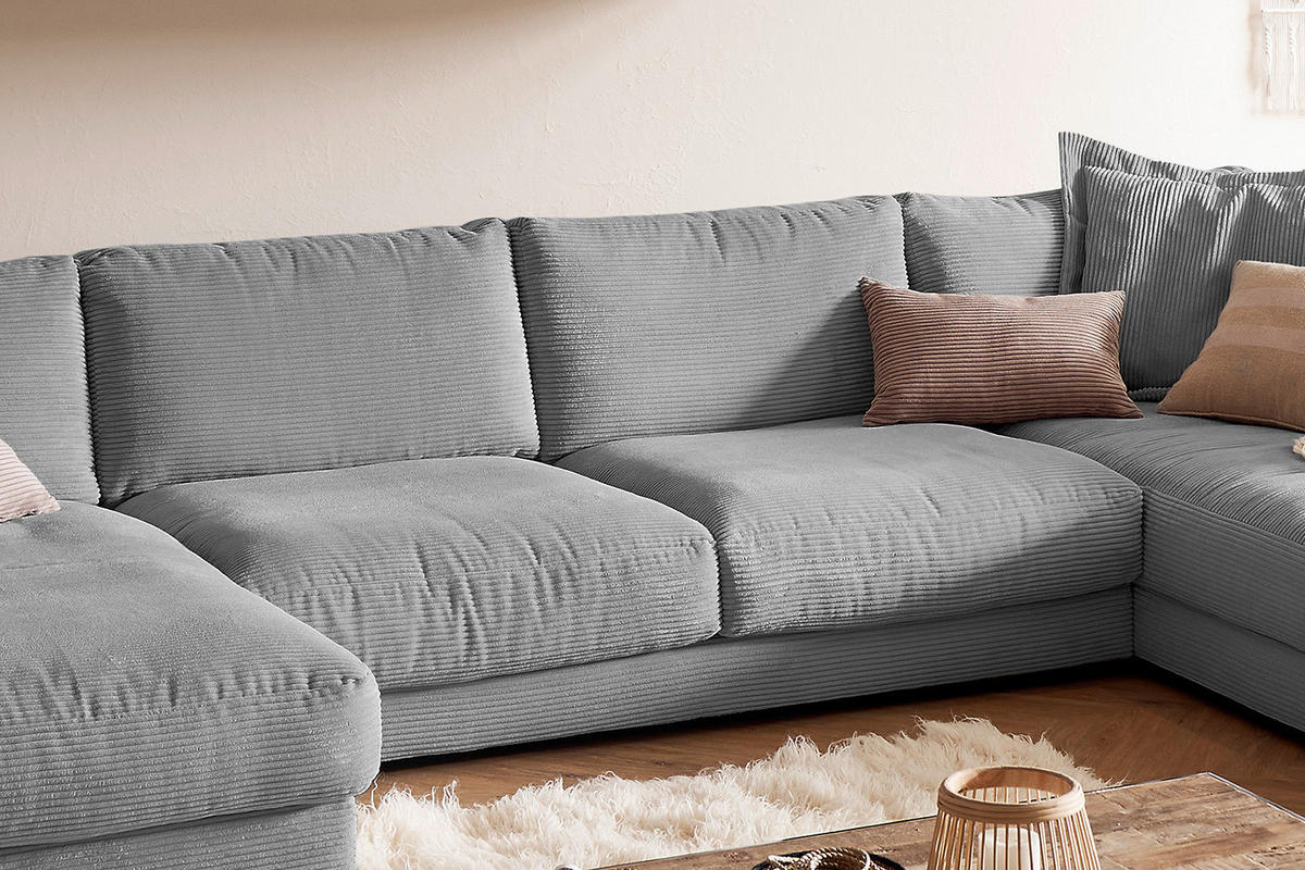 WOHNLANDSCHAFT MADELINE Grau Cord - Schwarz/Grau, Kunststoff/Textil (425/86/224cm) - KAWOLA
