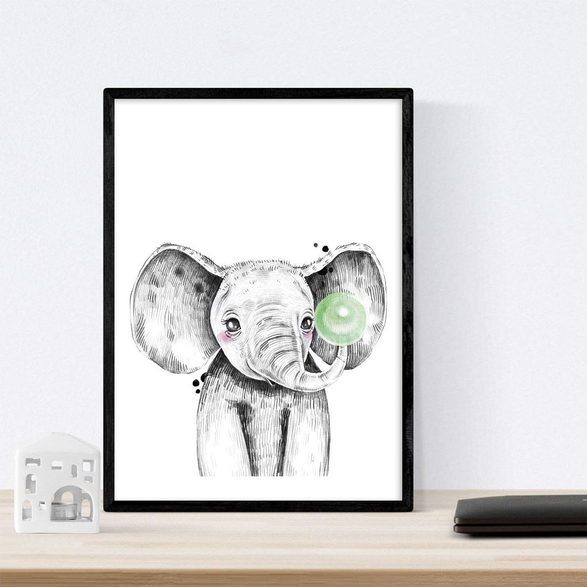 POSTER Set Mit 6 Tiere Babys Mit Kaugummi Elefant Schweinefleischkaninchen Kuh Fuchshund A3 Schwarzer Rahmen - Schwarz, Papier (29/3cm) - Nacnic