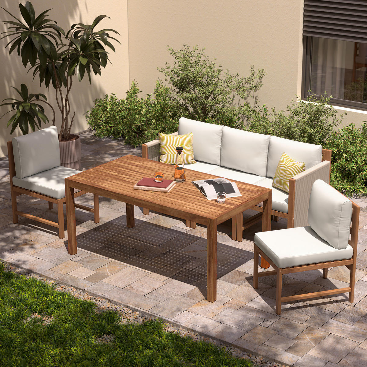 DINING-LOUNGESET - 6-teilig - Akazie massiv / Polyester - Braun / Beige - Beige/Braun, Holz/Textil - home24