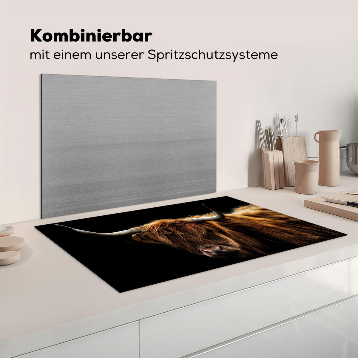 KRYT NA INDUKČNÍ DESKU Skotský horal - Rohy - Černá - Zvířata - Příroda - Divoká - Kráva 83x51 cm - koňaková, plast (83/51.5/0.2cm) - MuchoWow