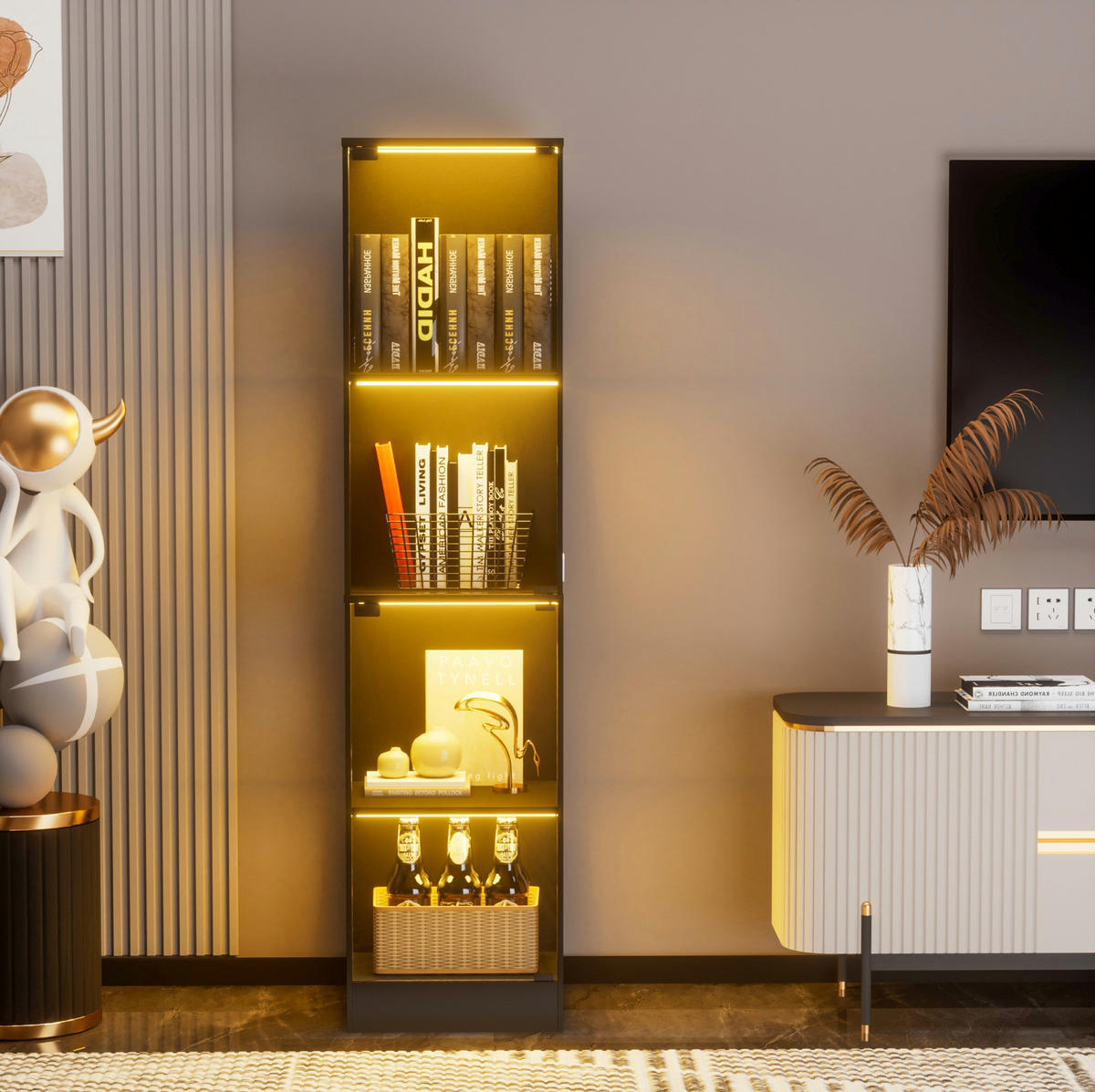 VITRINE 35/40/165 cm mit LED-Beleuchtung, Bewegungssensor, Stauraum und ABS-Rahmen, Akazienfarben - Naturfarben, Kunststoff (40/165/35cm) - Redom