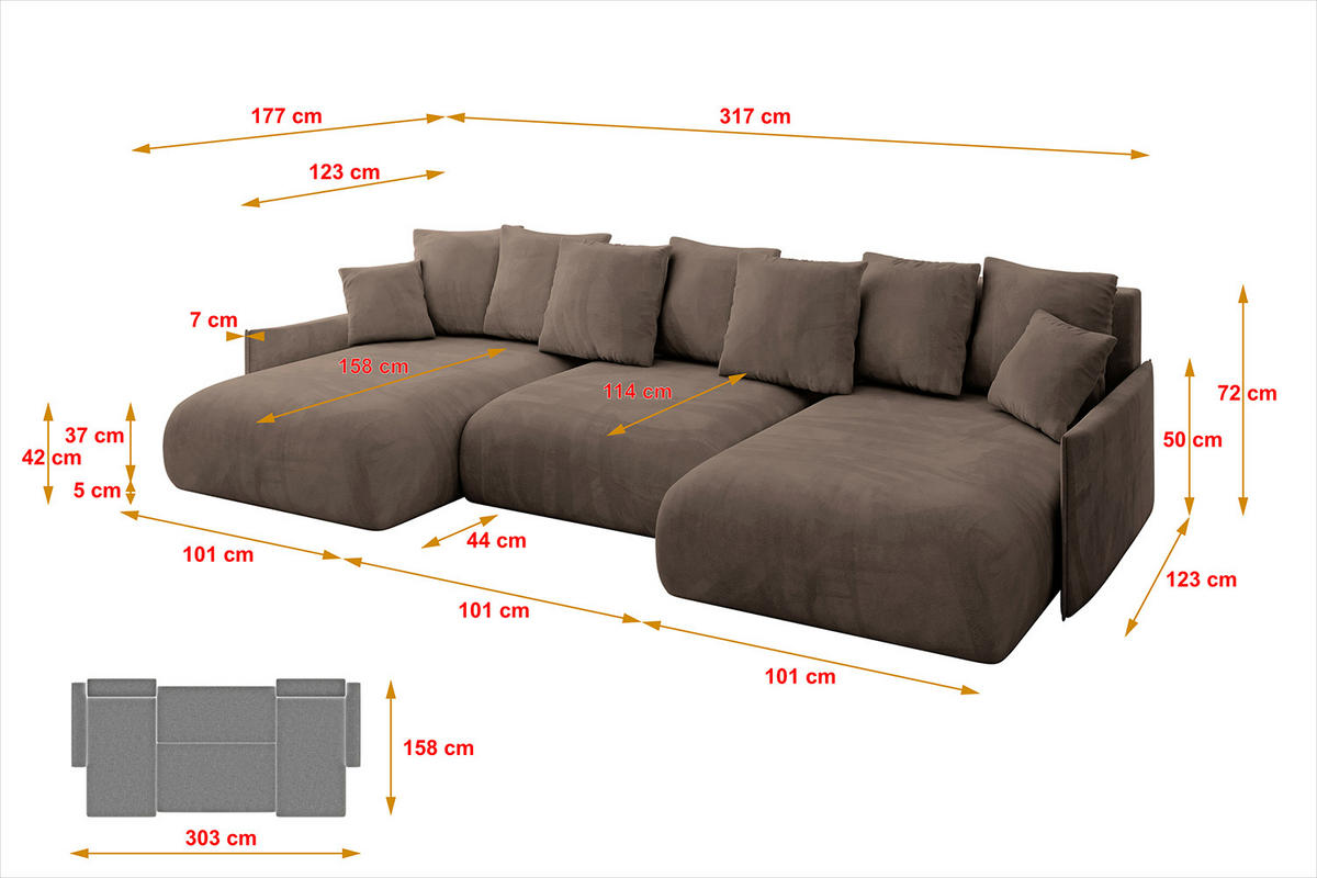 WOHNLANDSCHAFT mit Schlaffunktion und Bettkasten ONESK-U-v1 317x177x72 Braun Velours - Braun, Holzwerkstoff/Kunststoff (317/72/177cm) - ALTDECOR
