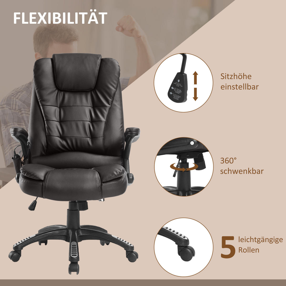 MASSAGESESSEL Bürostuhl Drehstuhl mit Wärmefunktion Chefsessel Bürosessel - Schwarz/Braun, Kunststoff (68/121/62cm) - HOMCOM
