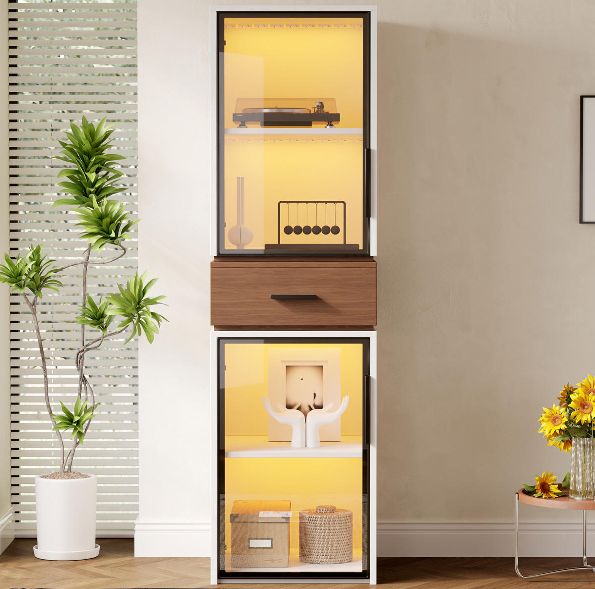 HIGHBOARD mit Glastüren und LED 40/40/200 cm in Weiß mit Schublade - Weiß, Holzwerkstoff (40/200/40cm) - BEAOK