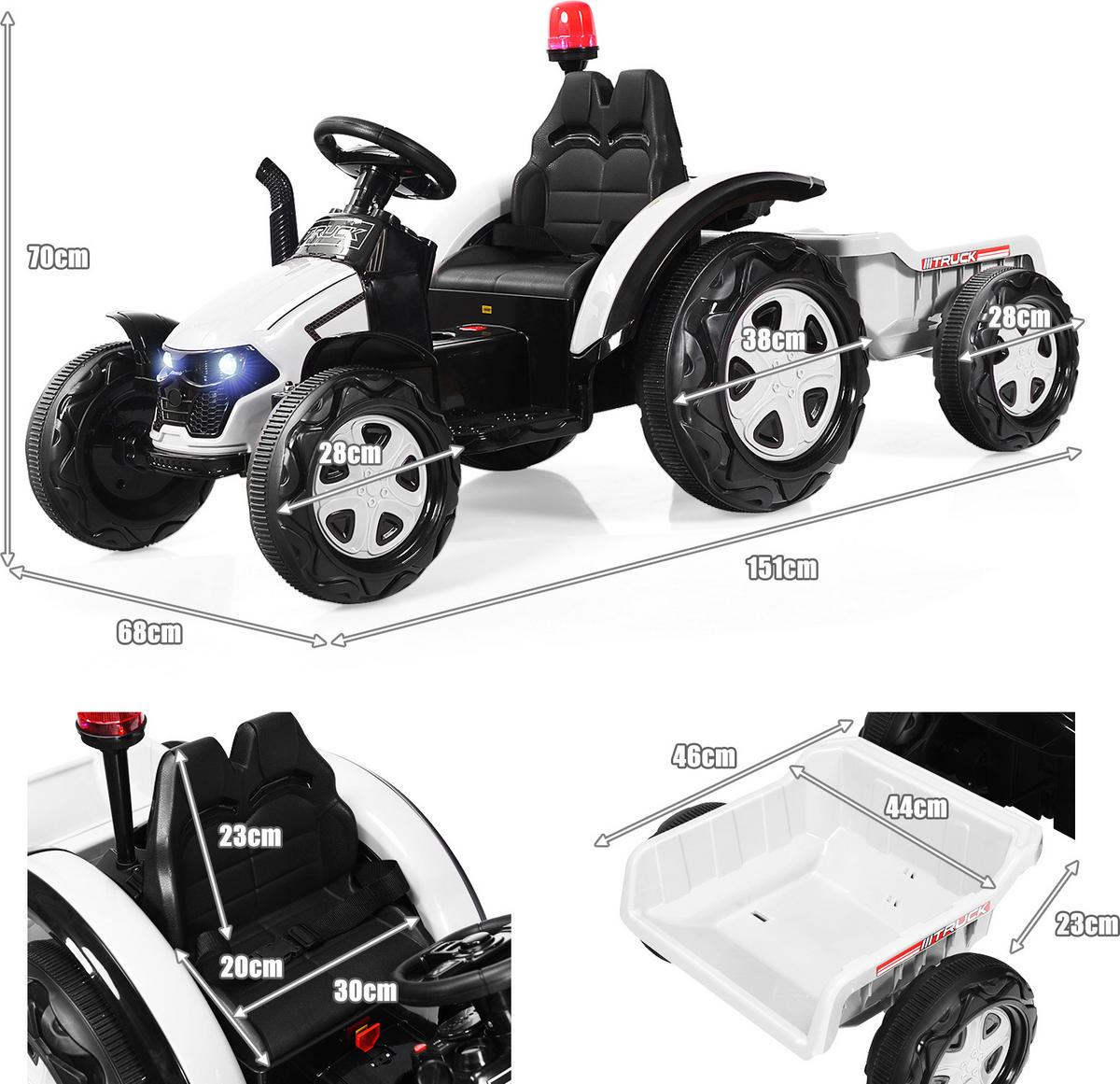 TRAKTOR 12V Weiß - Weiß, Kunststoff (71/73/154cm) - COSTWAY