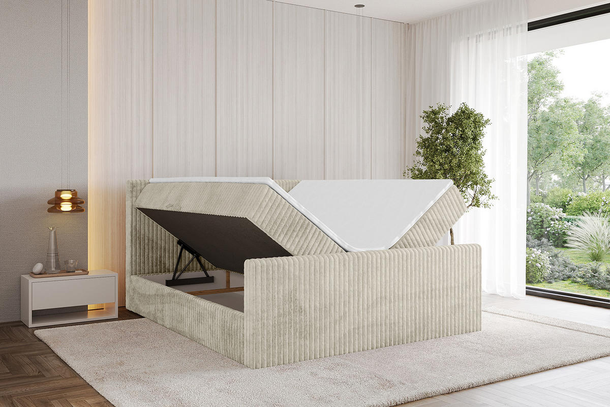 BOXBETT mit Matratze H3 und Lattenrost - TOLO-Z - 140x200 Cord - Creme - Champagner, Holzwerkstoff (140/200cm) - ALTDECOR