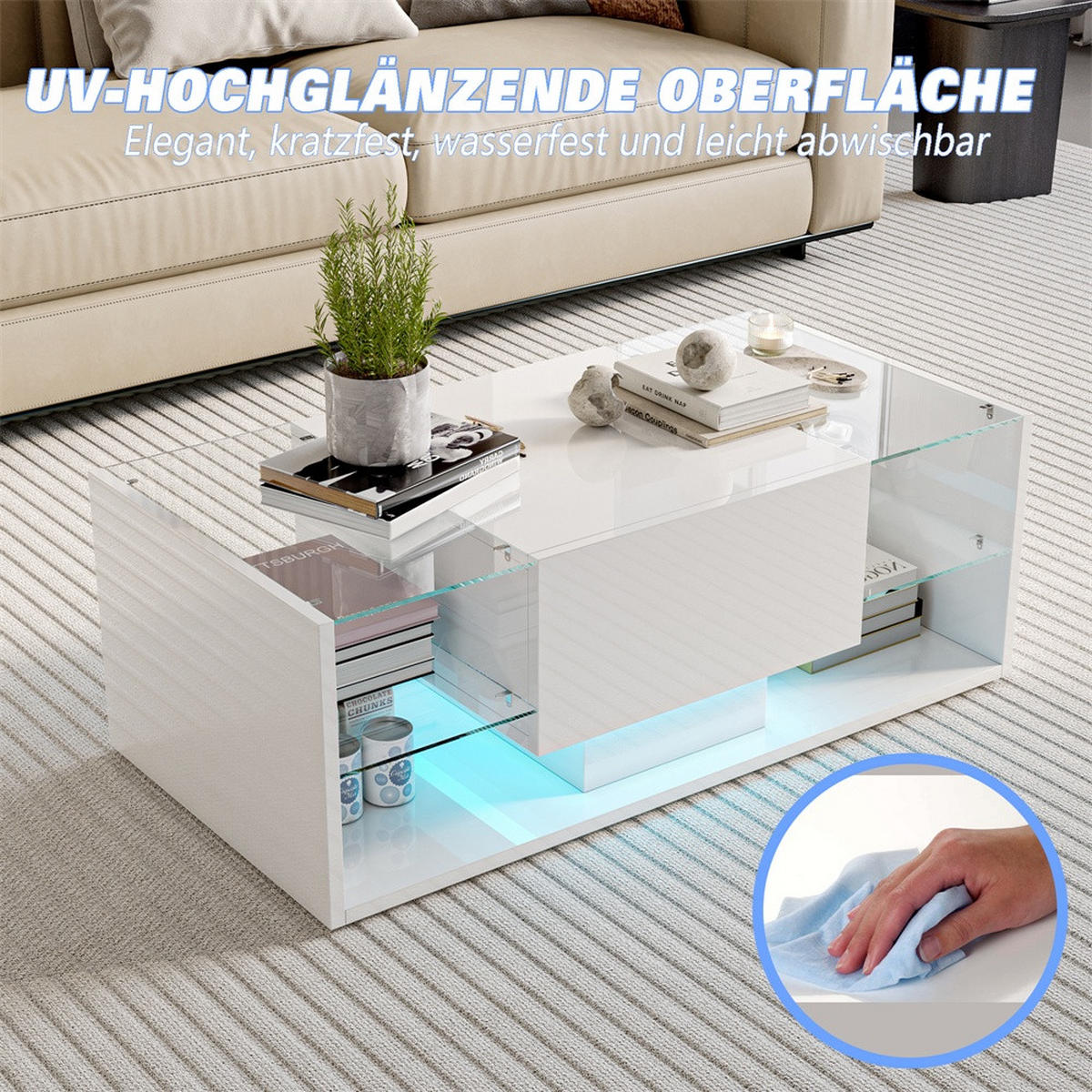 COUCHTISCH mit RGB-LED-Beleuchtung und Glasablagen - Hochglanz - Wohnzimmertisch rechteckig - Weiß - Weiß, Holzwerkstoff (100/50/35cm) - DELFA