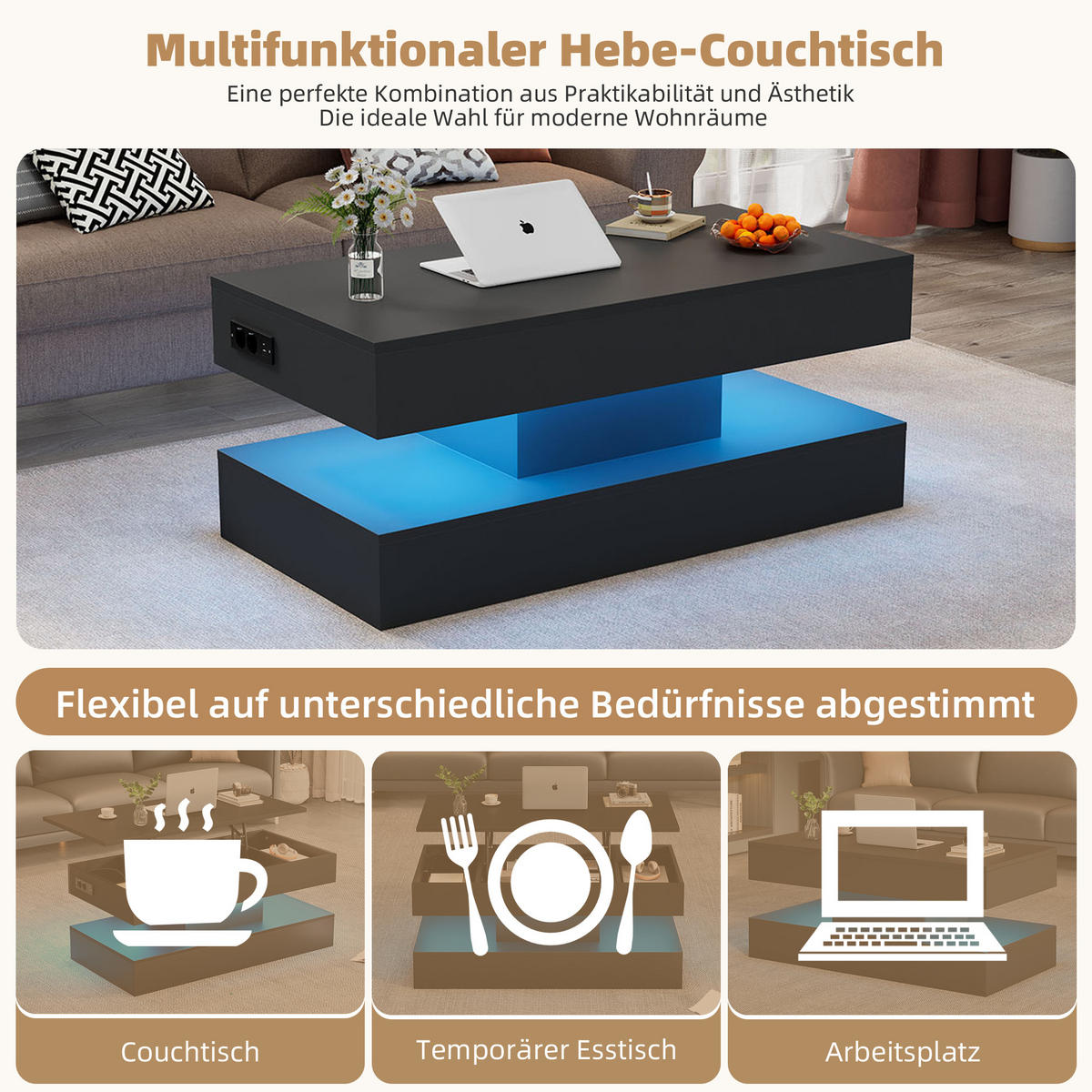 COUCHTISCH Schwarz 100/50/42 cm mit Hebefunktion, LED-Beleuchtung und Steckdosen - Schwarz, Holzwerkstoff (50/100/42cm) - PANGIVO