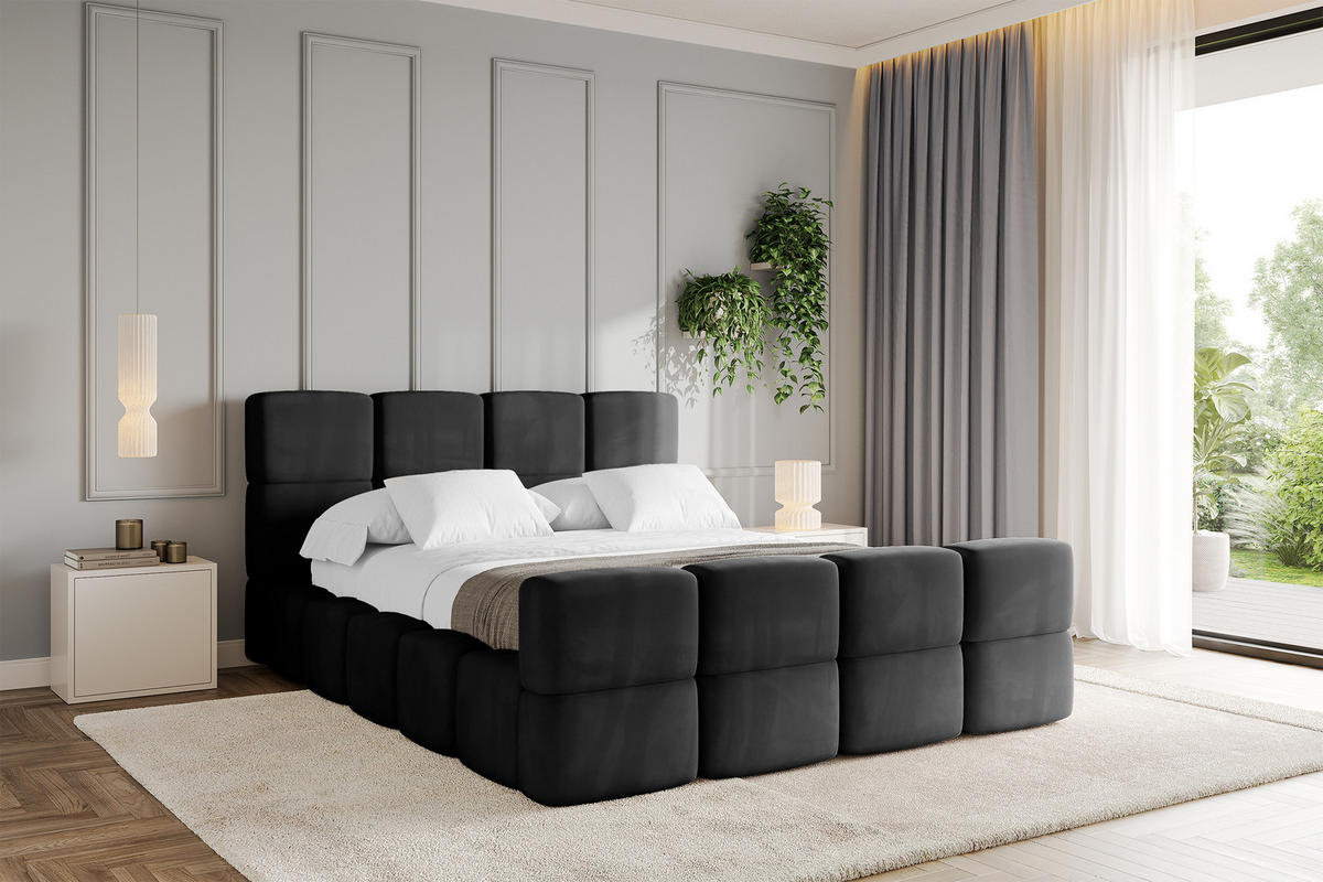 POLSTERBETT mit Bettkasten und Lattenrost, Bett mit Kopfteil, Boxbett ohne Matratze, Doppelbett mit Stauraum - NATA-Z 120x200 Schwarz - Schwarz Hochglanz, Holzwerkstoff/Textil (120/200cm) - ALTDECOR