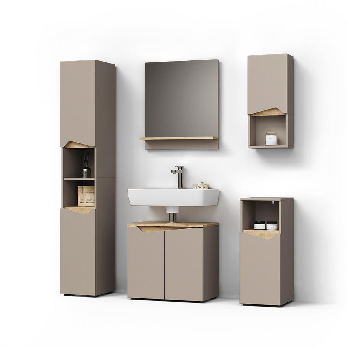 BADMÖBEL-KOMBINATION Timavo Greige 5 Teile - Greige/Eiche Artisan, Holzwerkstoff (60/57/35cm) - Livinity®