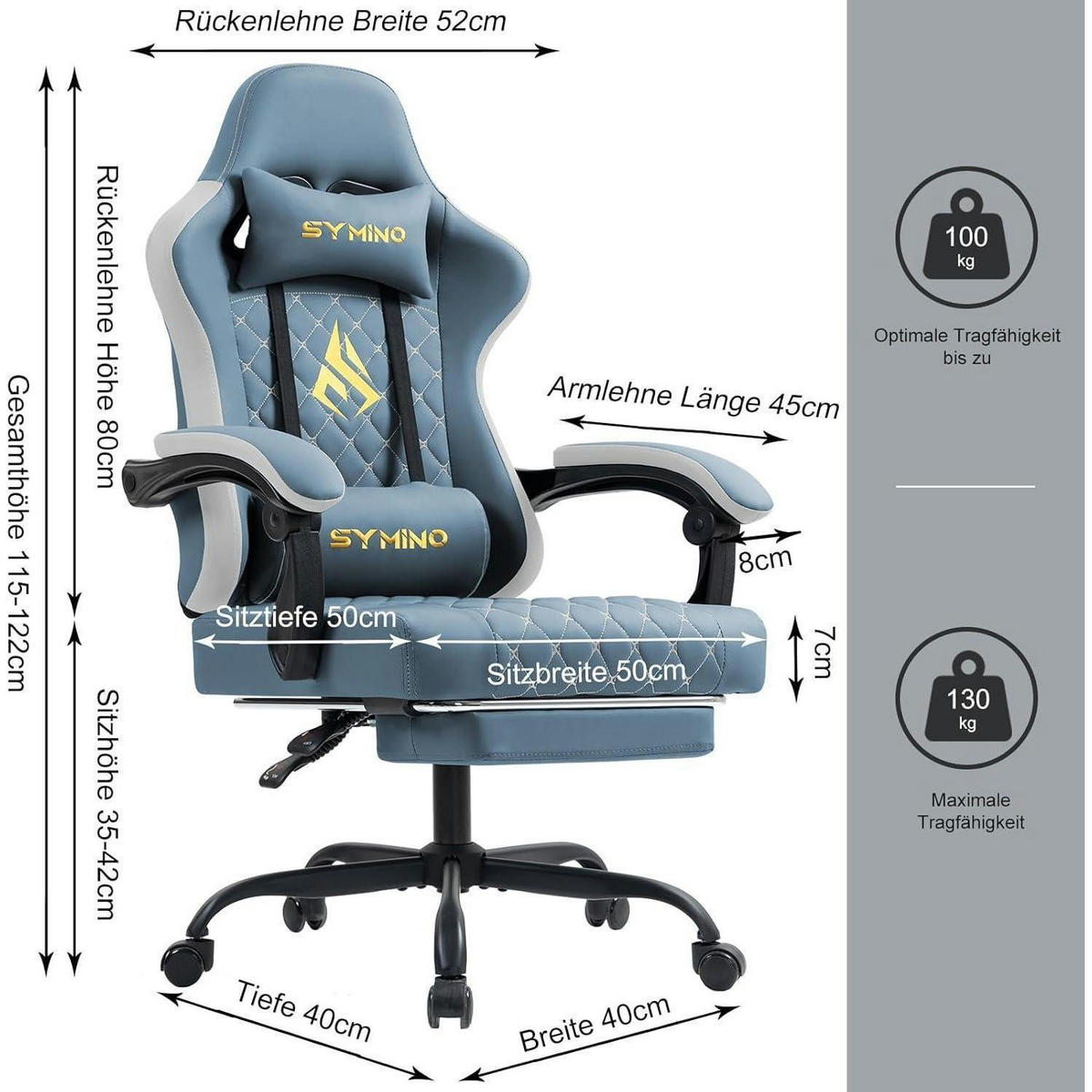 GAMING Stuhl mit Lendenwirbelstütze und Fußstütze Kunstleder Hellblau - Hellblau, Kunststoff (50/122/50cm)