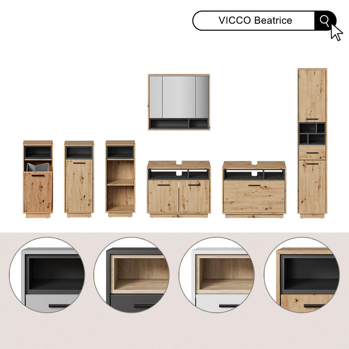 BADMÖBEL-SET Beatrice Weiß 3 Teile, mit Hochschrank - Weiß/Sonoma Eiche, Holzwerkstoff (80/64/40cm) - Vicco