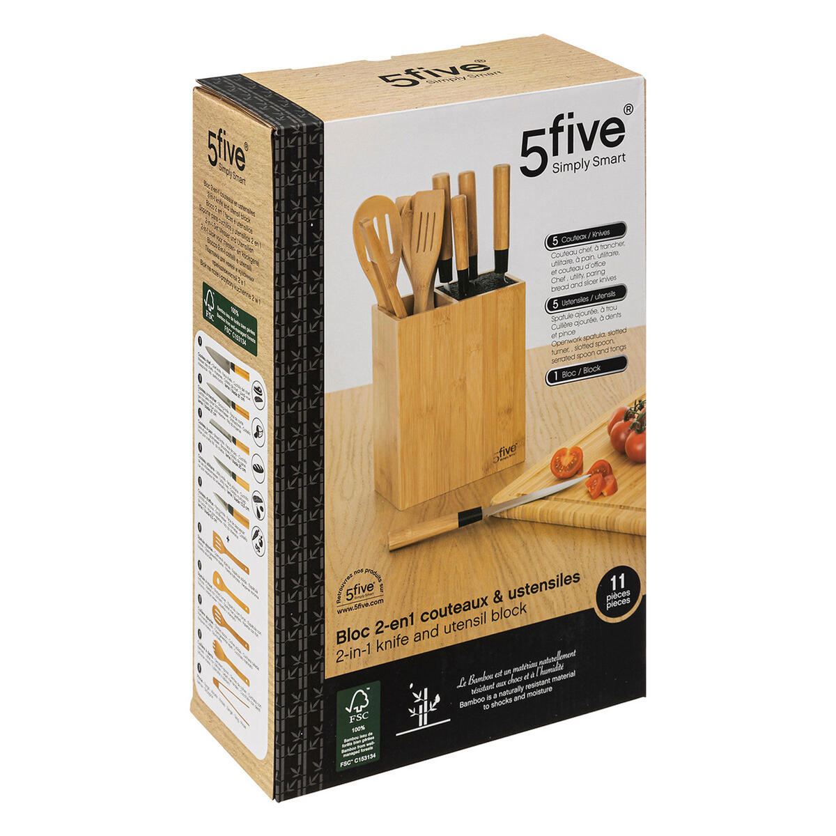 KÜCHEN-ORGANIZER mit Zubehör 11-tlg., Messerblock mit 5 Messern, Bambus, Stahl - Beige, Holz (10.5/35.5/22.7cm) - 5five Simply Smart