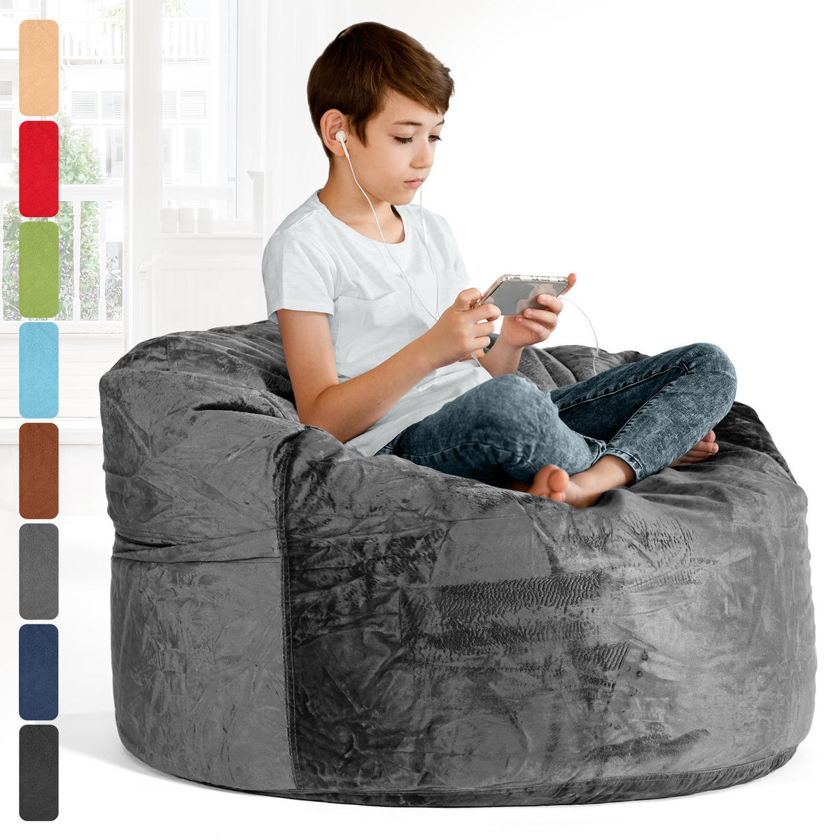 RIESEN-SITZSACK XXL JUMBO Velours 3ft - Dunkelgrau, Textil (105/65/105cm) - Green Bean