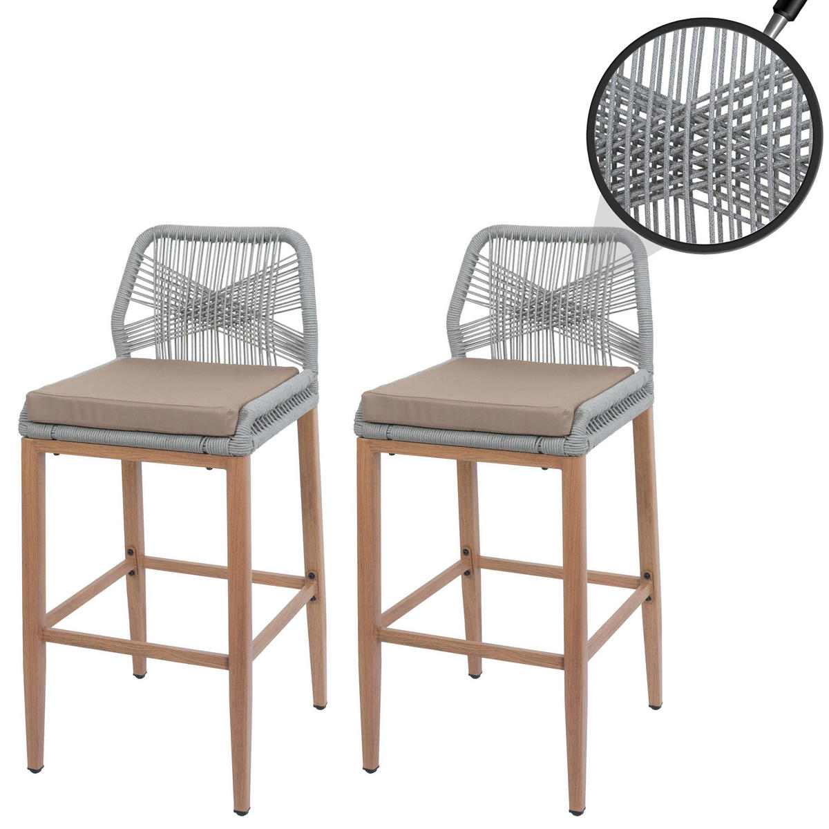 GARTENSTUHL 2er-Set HxBxT 101x45x50cm Sitzhöhe 76cm Hellgrau Kissen Taupe Seilgeflecht Metall Holz-Optik - Hellgrau, Metall (45/101/50cm) - PROREGAL